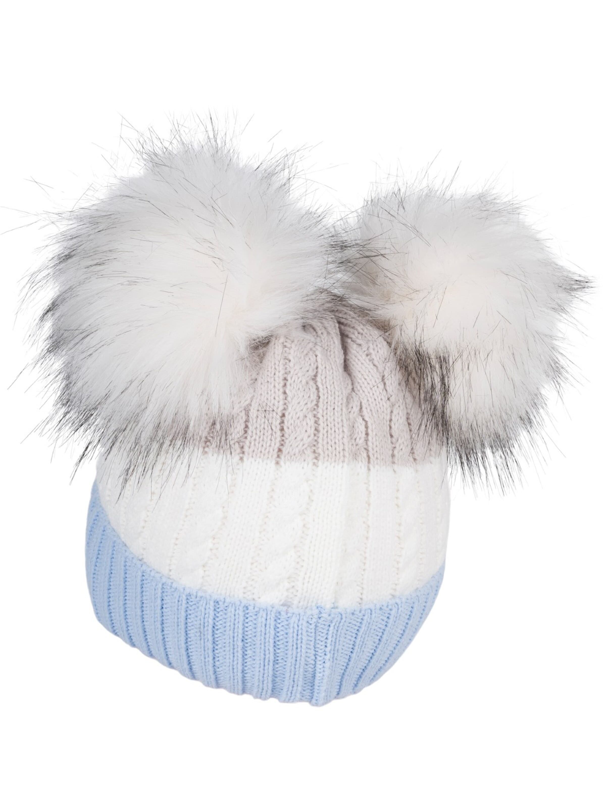 styleBREAKER Beanie 'Gestreifte Kinder Bommelmütze mit zwei Bommel' in Blue: front