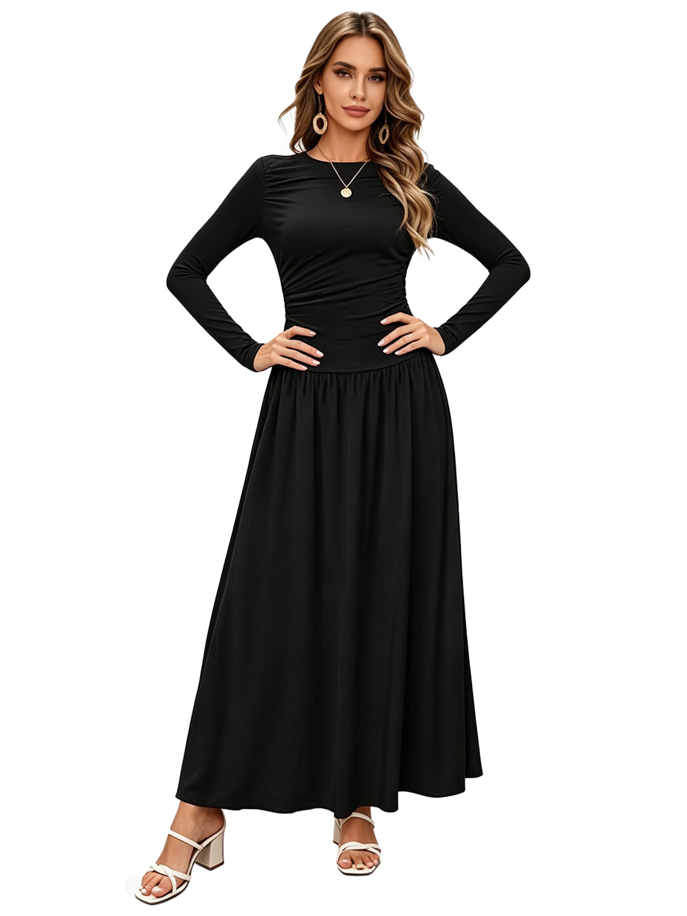 KoJooin Dress 'Damen Langarm Strickkleid mit Rundhals, Raffung und Taschen – Figurbetontes, elegantes Midikleid' in Black