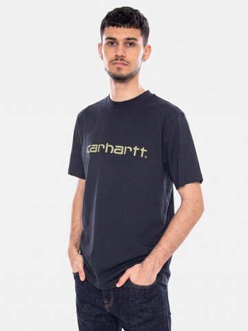 Carhartt WIP Bluser & t-shirts 'S/S Script T-Shirt Deep Night / Gentle Green' i blå: forside