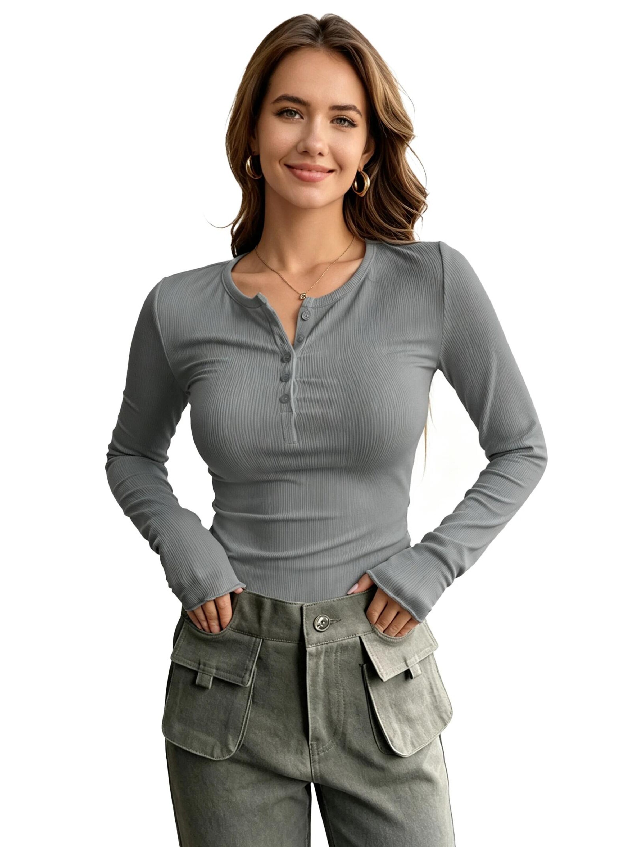 KoJooin Top 'Damen-Langarm-Henley-T-Shirts, gerippt, mit Knöpfen, schmal geschnitten,Basic-Tops,Blusen,Freizeit' w kolorze szary: przód