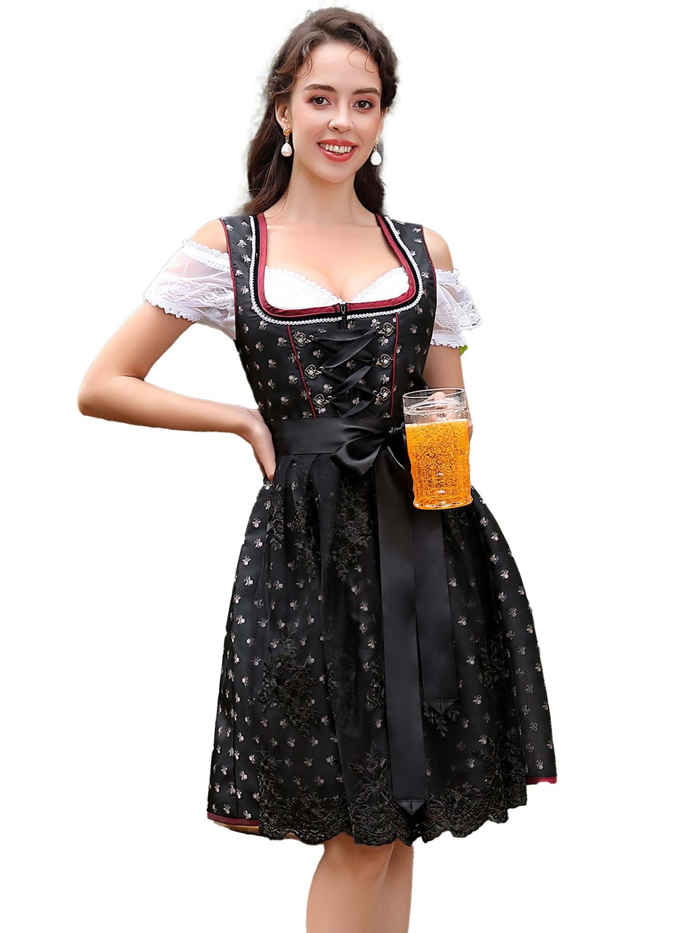 KoJooin Dirndl 'Damen Dirndl 3-teiliges Set,Blumenmuster Jacquard Spitzen Schürze Kleid, Bayerisches Oktoberfest' w kolorze czarny
