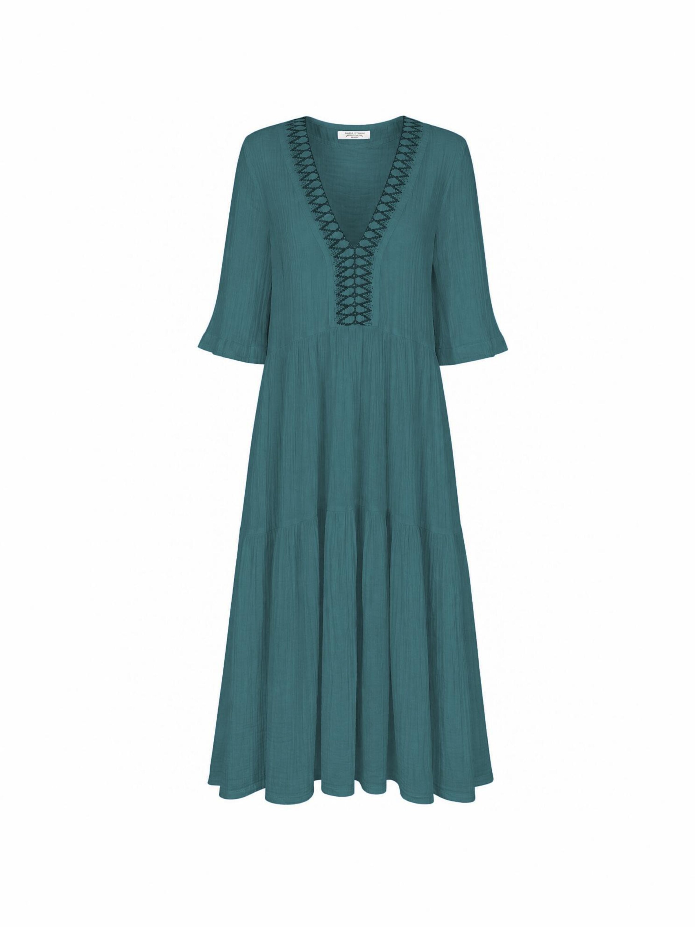 Haris Cotton Sukienka 'Maxi Dress in Textured Cotton with Laced Trim V Neck' w kolorze zielony: przód