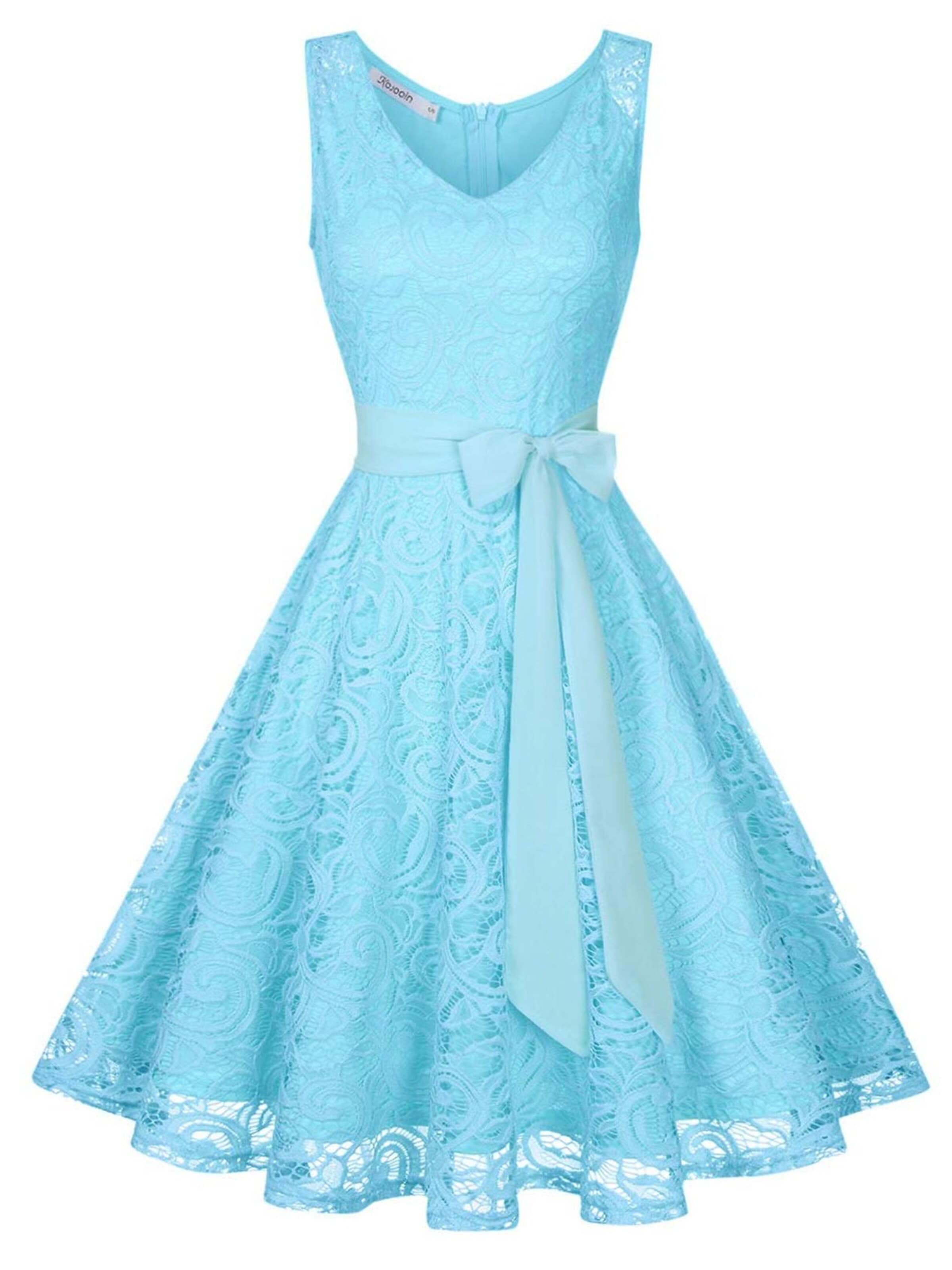 KoJooin Kleid 'Damen-Brautjungfernkleid mit floraler Spitze – Kurzes Party- & Abschlussballkleid mit V-Ausschnitt''‌‌ in 36 in himmelblau, Produktansicht