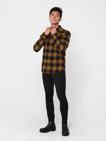 Only & Sons Slim fit Button Up Shirt 'Gudmund' in Brown