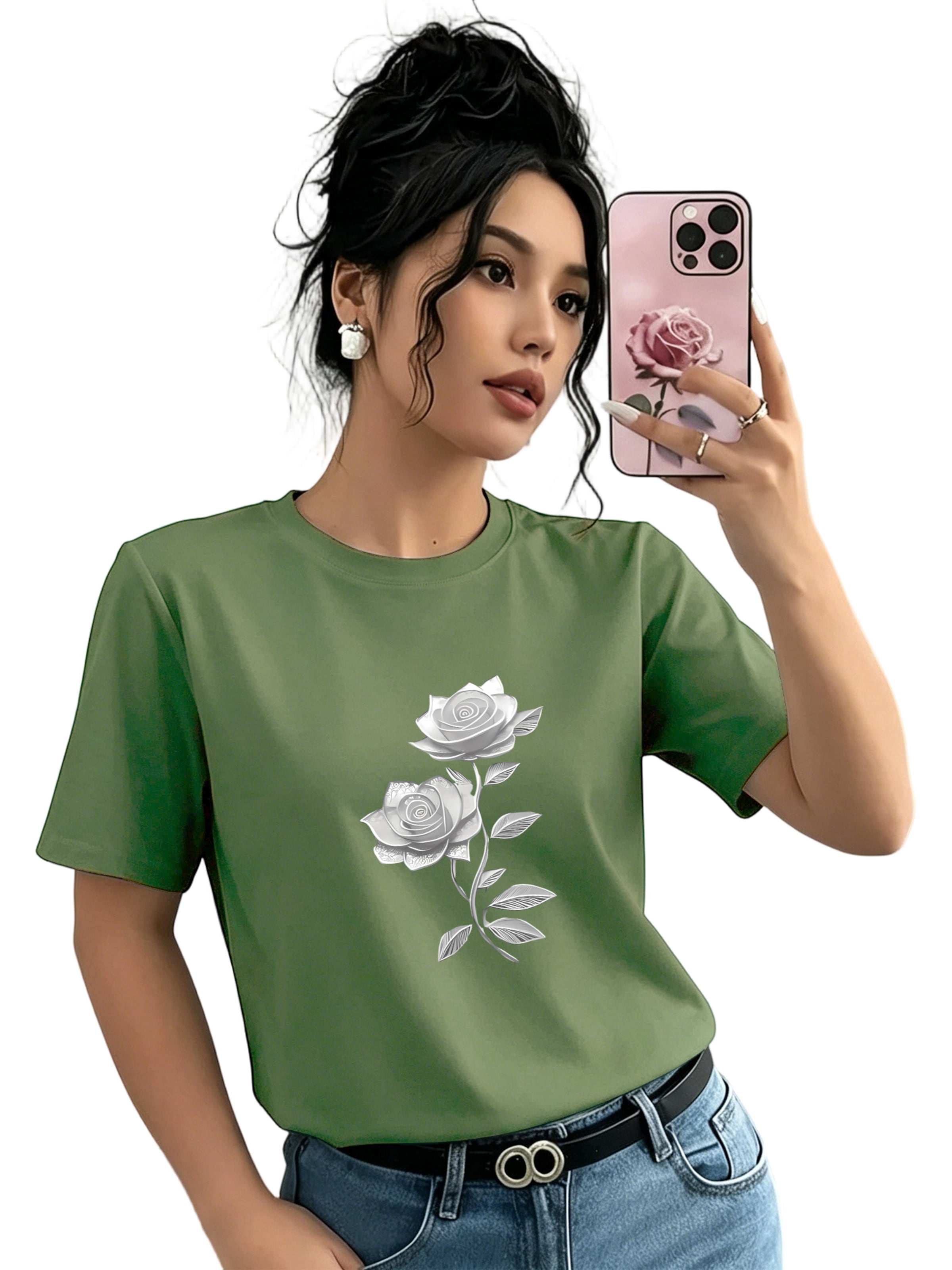 GORHEY T-shirt 'Women's Summer Casual Cotton T-Shirt with  Rose Print' en L/Regular en vert, Vue avec produit