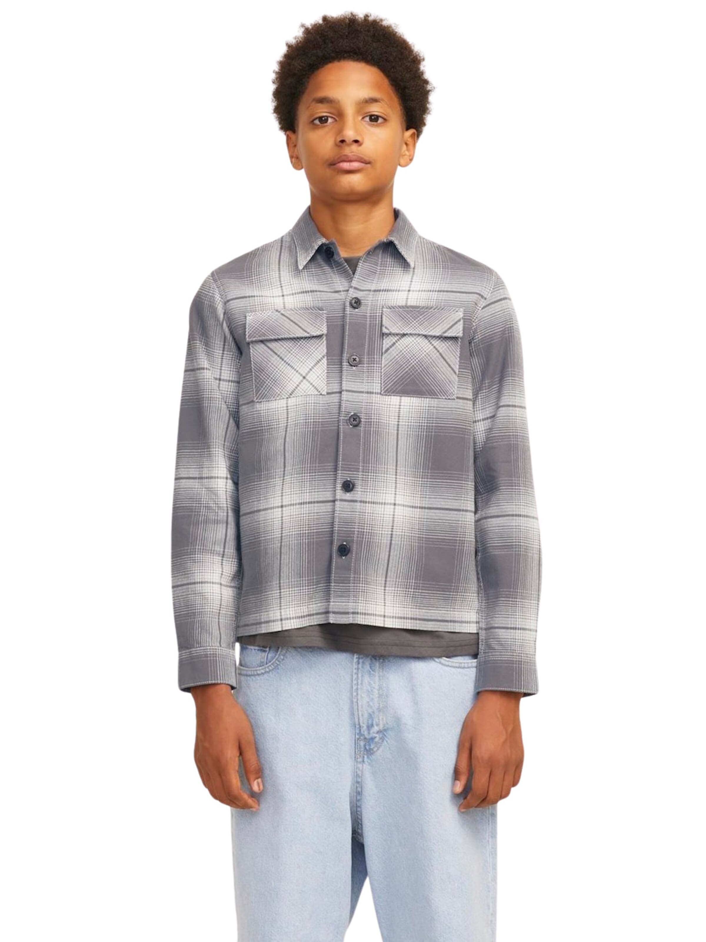 Jack & Jones Junior Comfort fit Button up shirt 'CHARLIE CHECK' in Grey: front