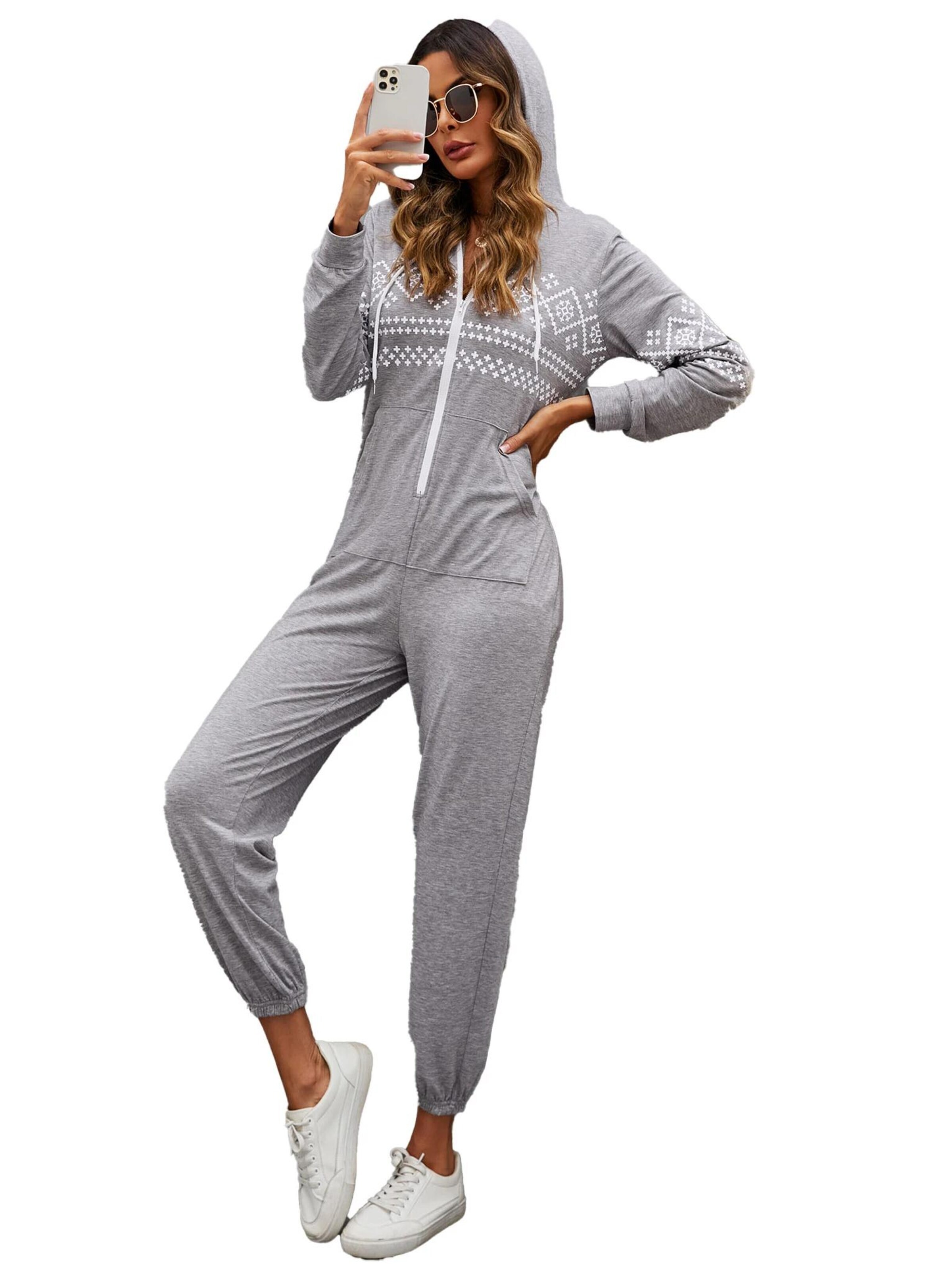 KoJooin Kombinezon 'Damen Overall mit Print, Kapuze, Kordelzug, langen Ärmeln und Taschen Bequemer Freizeit Jumpsuit' w kolorze szary