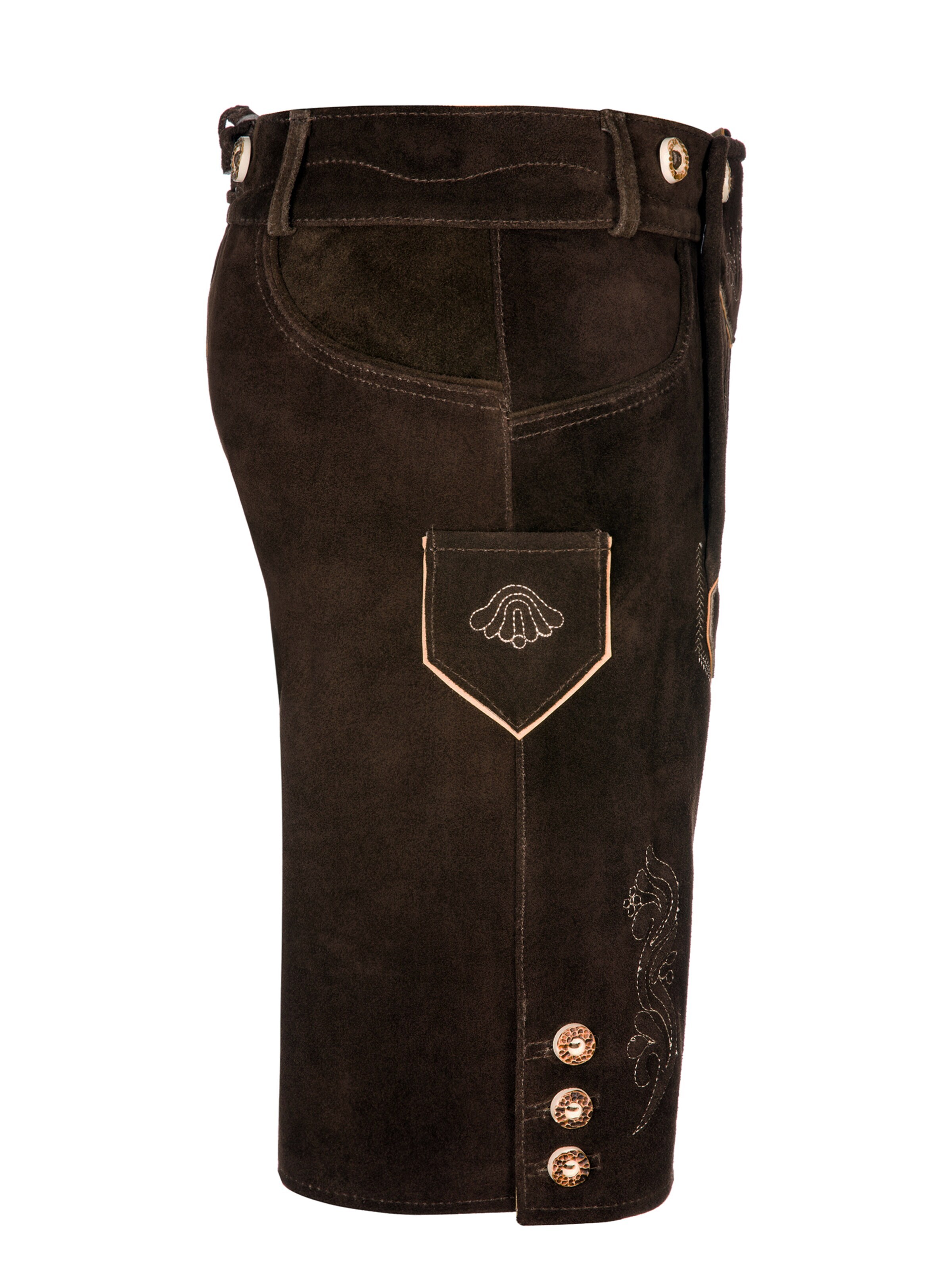 Almbock Skinny Traditional pants 'Trachtenlederhose kurz Leo dunkelbraun' in Brown