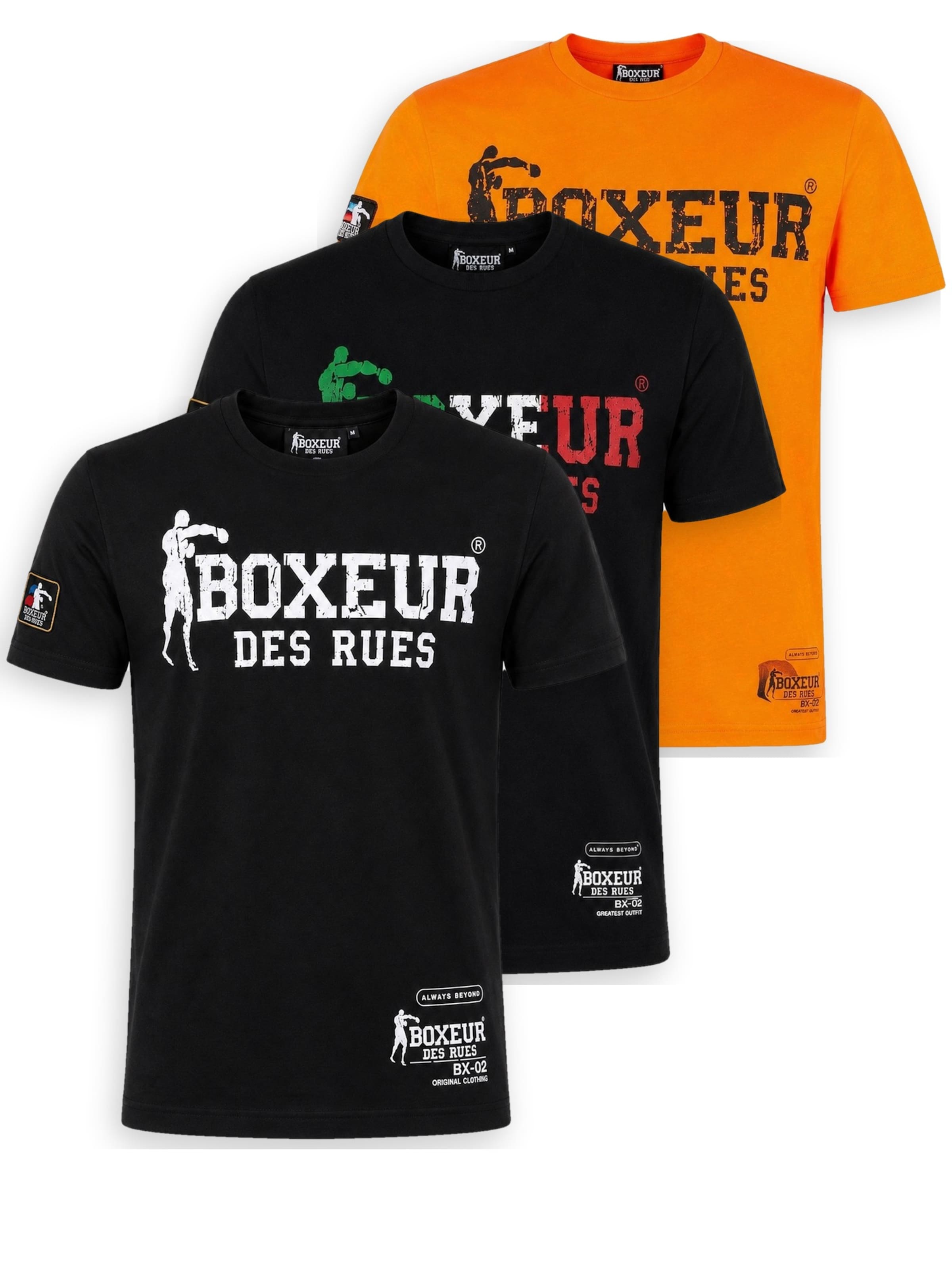 Boxeur des Rues - Camiseta 'Herren T-Shirt 3er-Pack Boxeur des Rues Slim Fit: Schwarz, Weißes Logo + Schwarz, Dreifarbiges Logo + Orange' en Mezcla de colores: frente