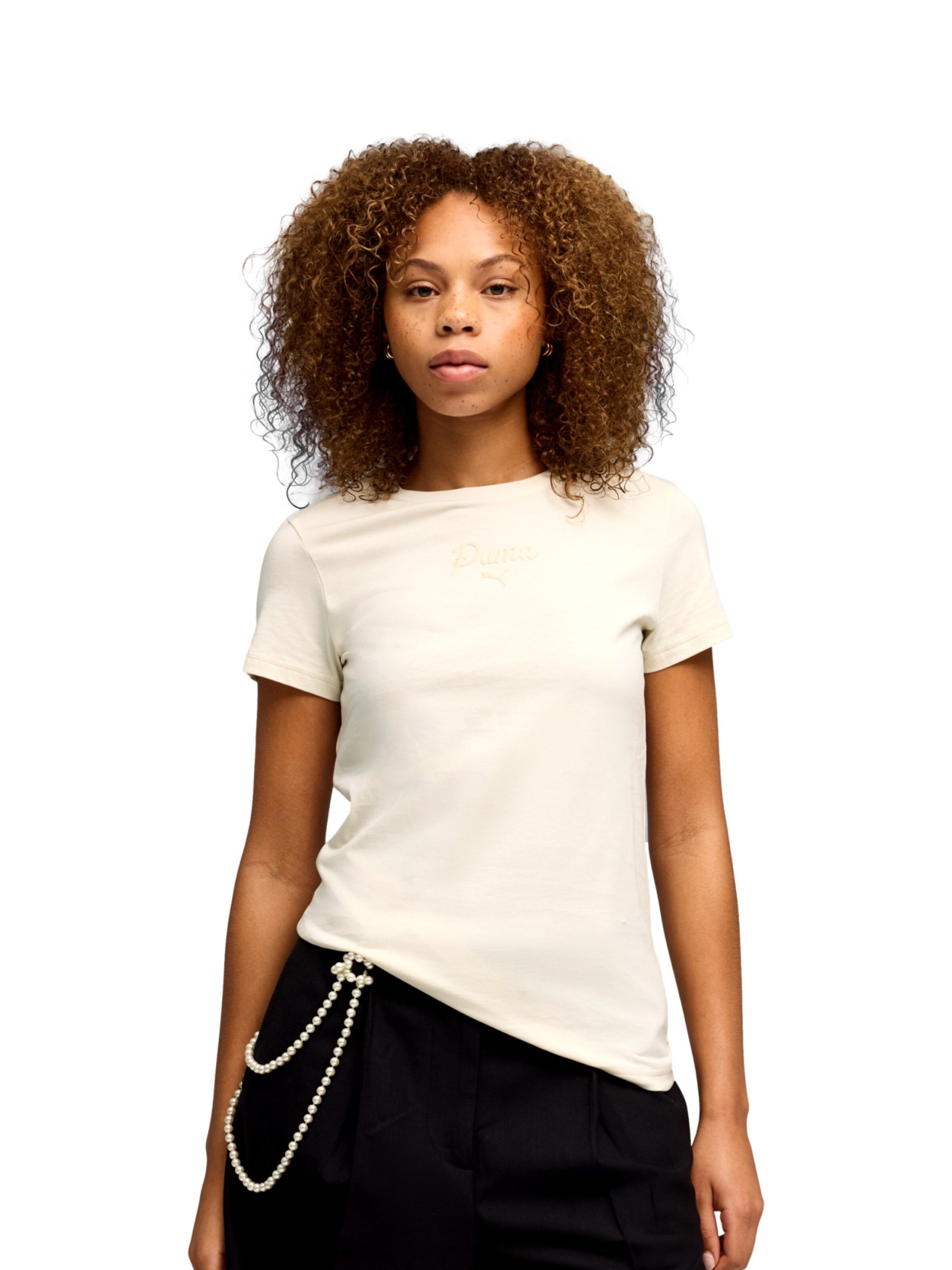 PUMA T-Shirt 'ESS SCRIPT' in Beige: Vorderseite