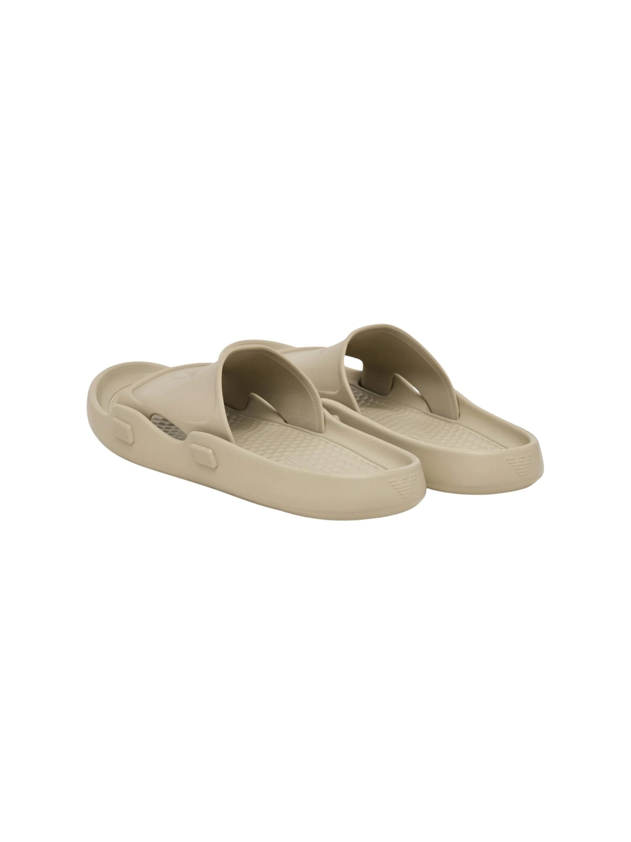 Emporio Armani Muiltjes 'Eagle-Embossed Shaped Sliders' in Beige