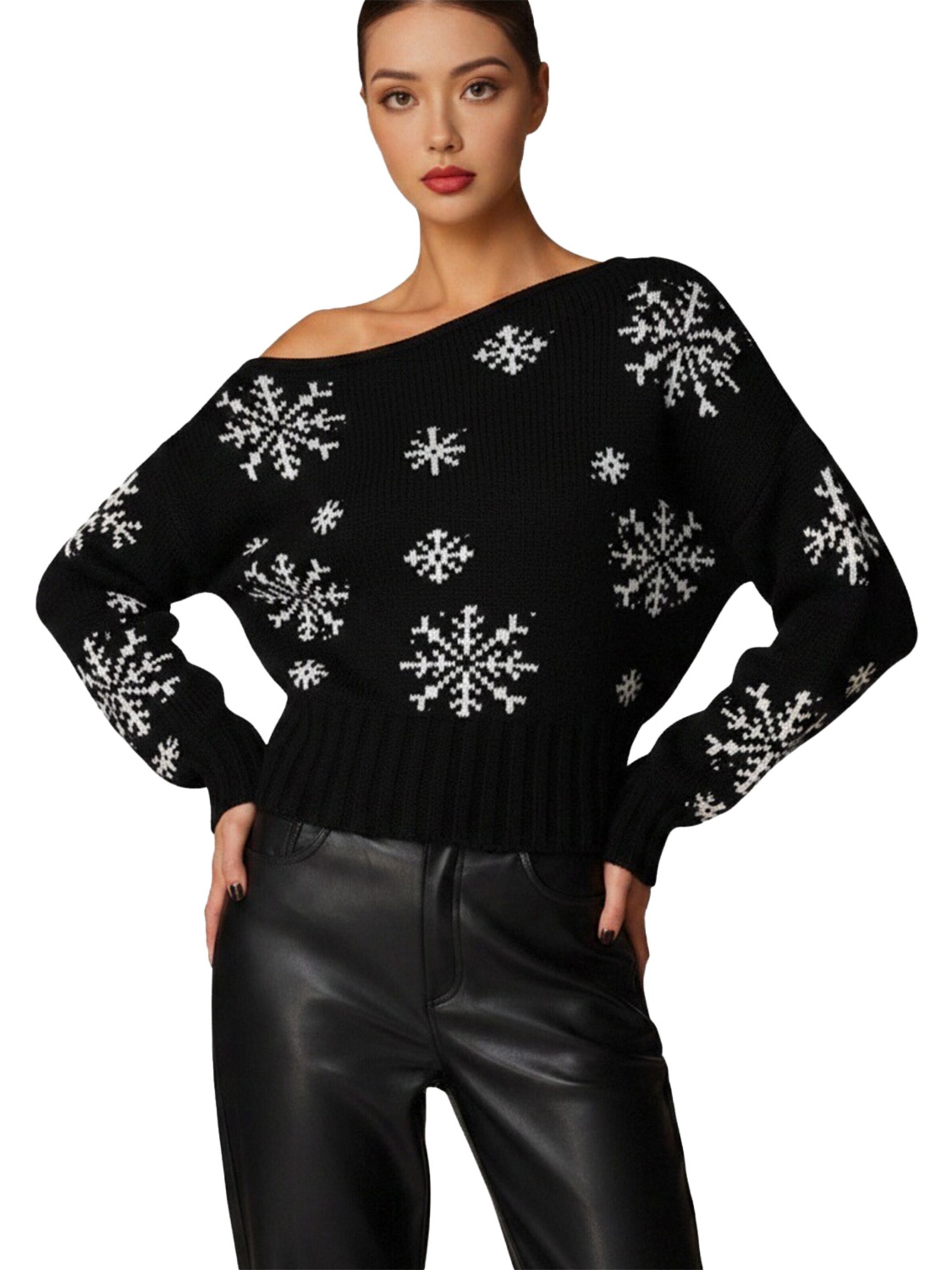 KoJooin Pullover 'Damen Kurzer Pullover mit Snowflake-Muster Süßer Weihnachten Rollkragen Strickpullover Festliche'‌‌‌‌‌‌‌ in Schwarz: Vorderseite
