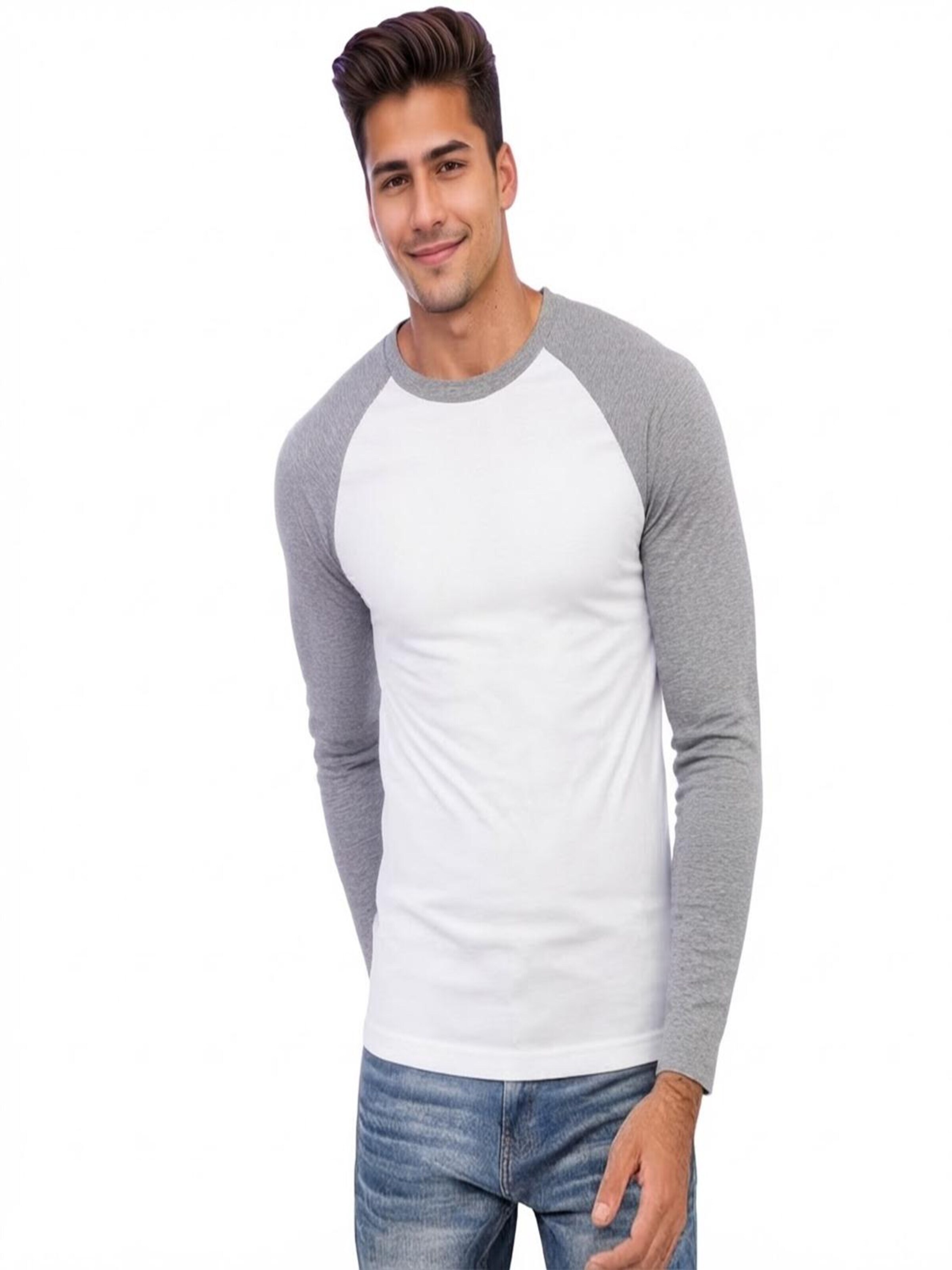Vanilla Shirt '2-Pack Heren Baseballshirt Lange Mouwen – Wit/Zilvergrijs – Casual Raglan – Maat M' in Zilver: voorkant