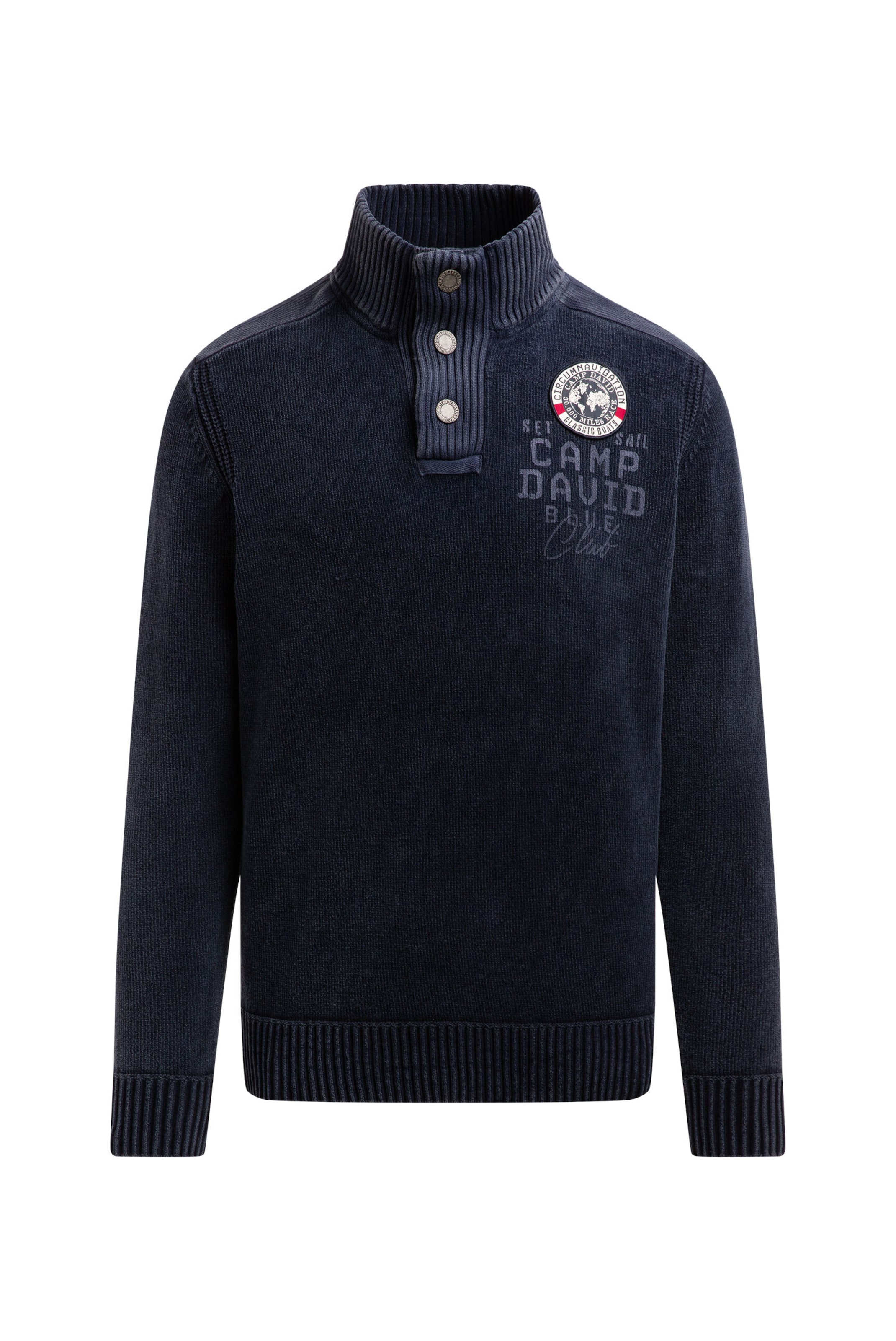 CAMP DAVID Troyer-Pullover aus Chenille mit Print und Patch in Blau: Vorderseite