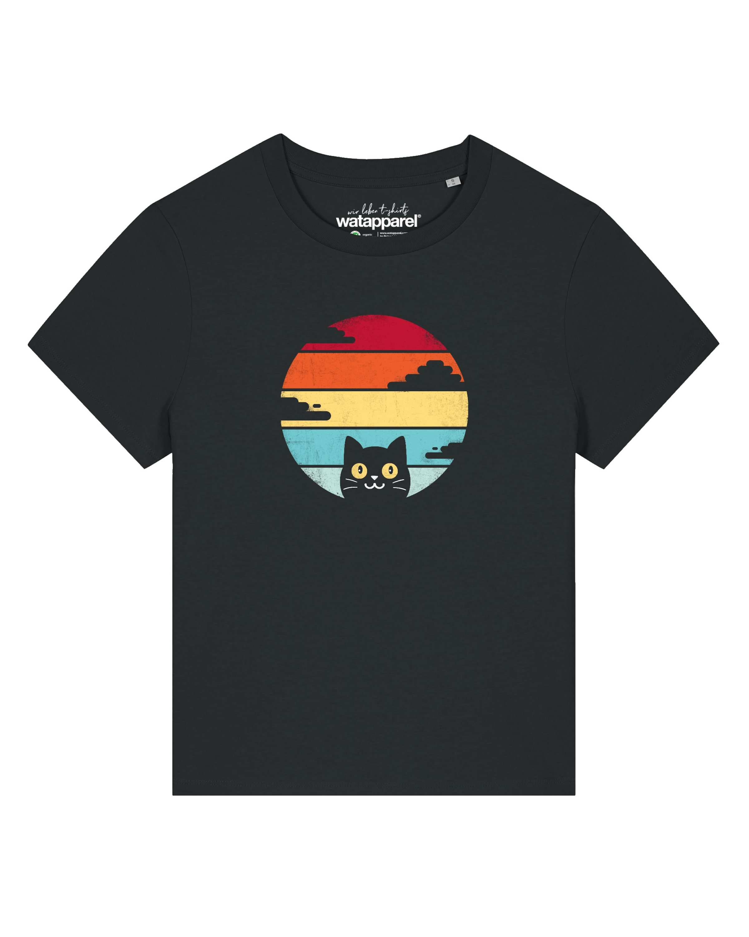 Watapparel T-Shirt 'Retro Sunset Cat' in Schwarz: Vorderseite