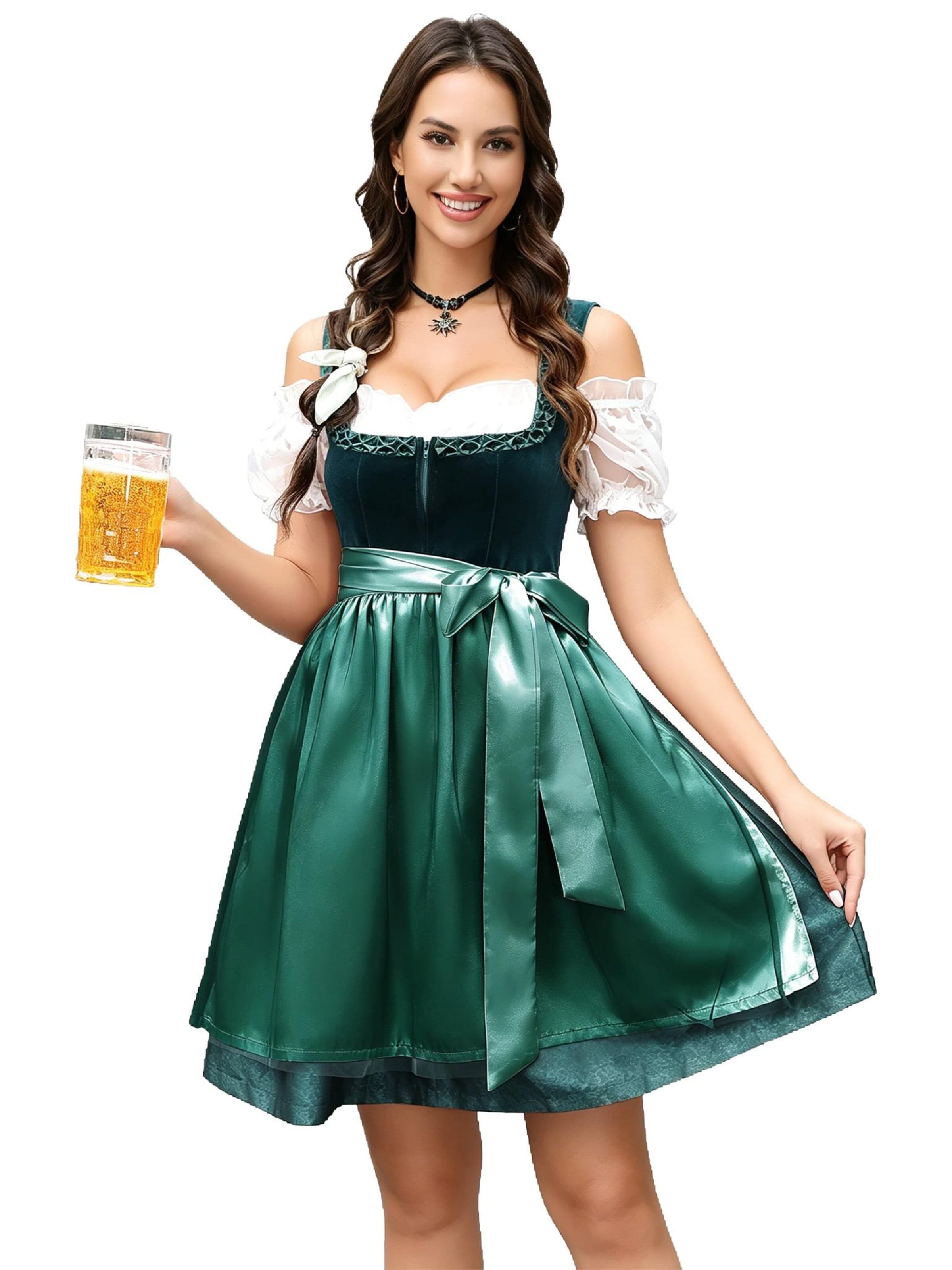 KoJooin Dirndl 'Oktoberfest-Kostüme Damen Dirndlkleider 3-teilig Deutsche Tracht Bayerische Weiße Bluse Schürze'‌‌‌‌‌‌‌‌‌ in Grün