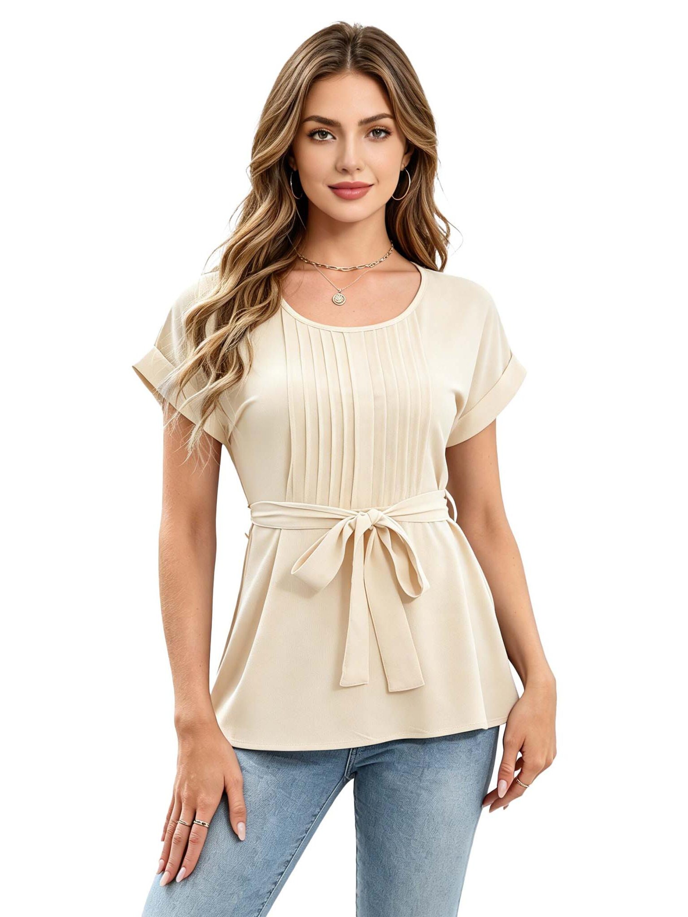 KoJooin Bluse 'Damen-T-Shirts, Kurzarm, Sommertops, plissiert,mit Bindeband vorne, lässige Blusen, Kleidung'‌ in Beige: Vorderseite