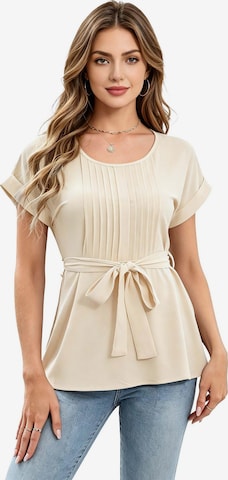 KoJooin Bluse 'Damen-T-Shirts, Kurzarm, Sommertops, plissiert,mit Bindeband vorne, lässige Blusen, Kleidung' in Beige: Vorderseite