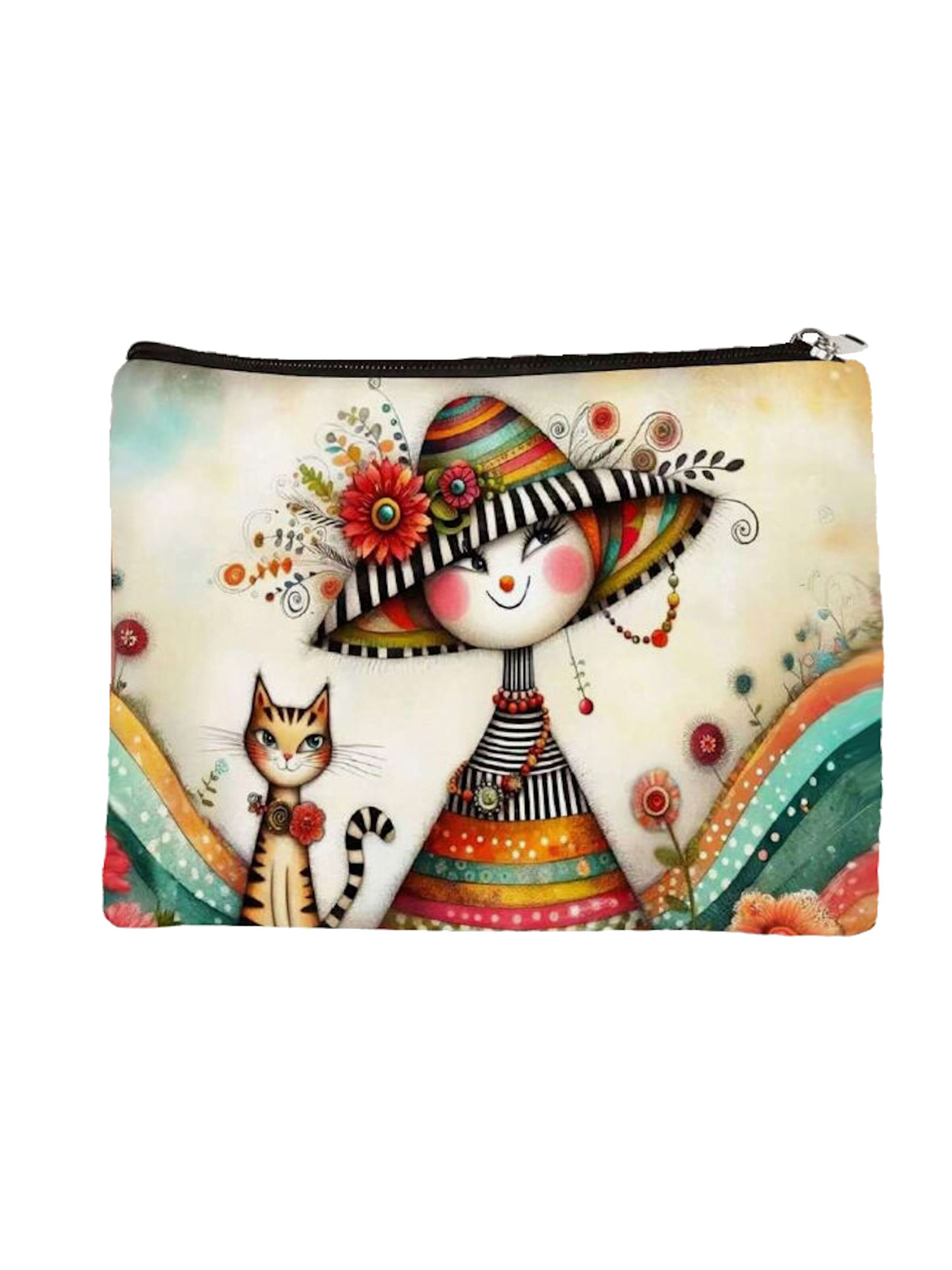 Tomshop24-7 Cosmetic Bag 'Mädchen mit Hut und Katze' in Beige: front