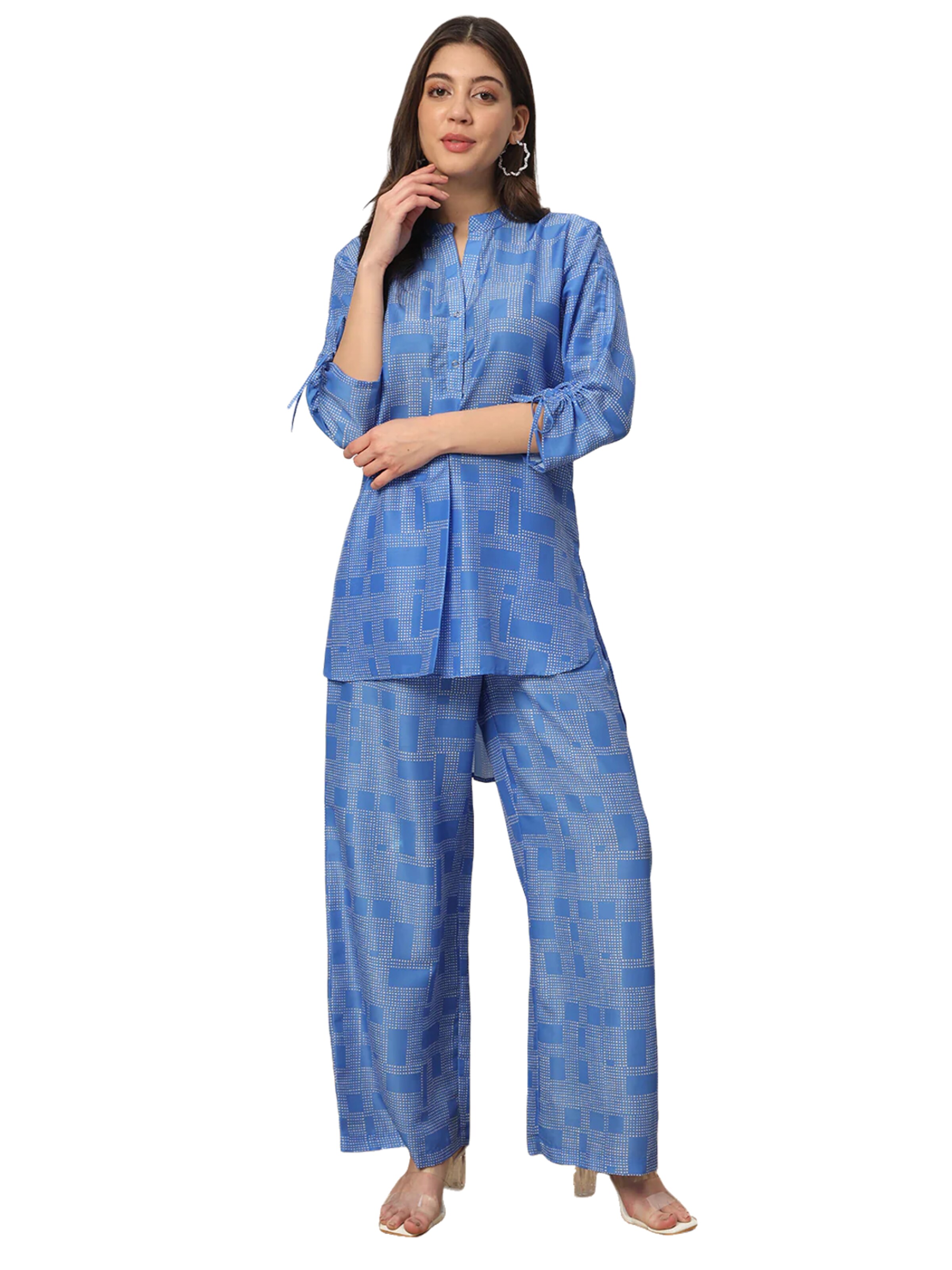 PfauGermany Tunika '2 Pieces set  Women's Sky Blue Cotton Printed Co-ord Set'‌‌‌‌‌‌ in blue denim, Produktansicht