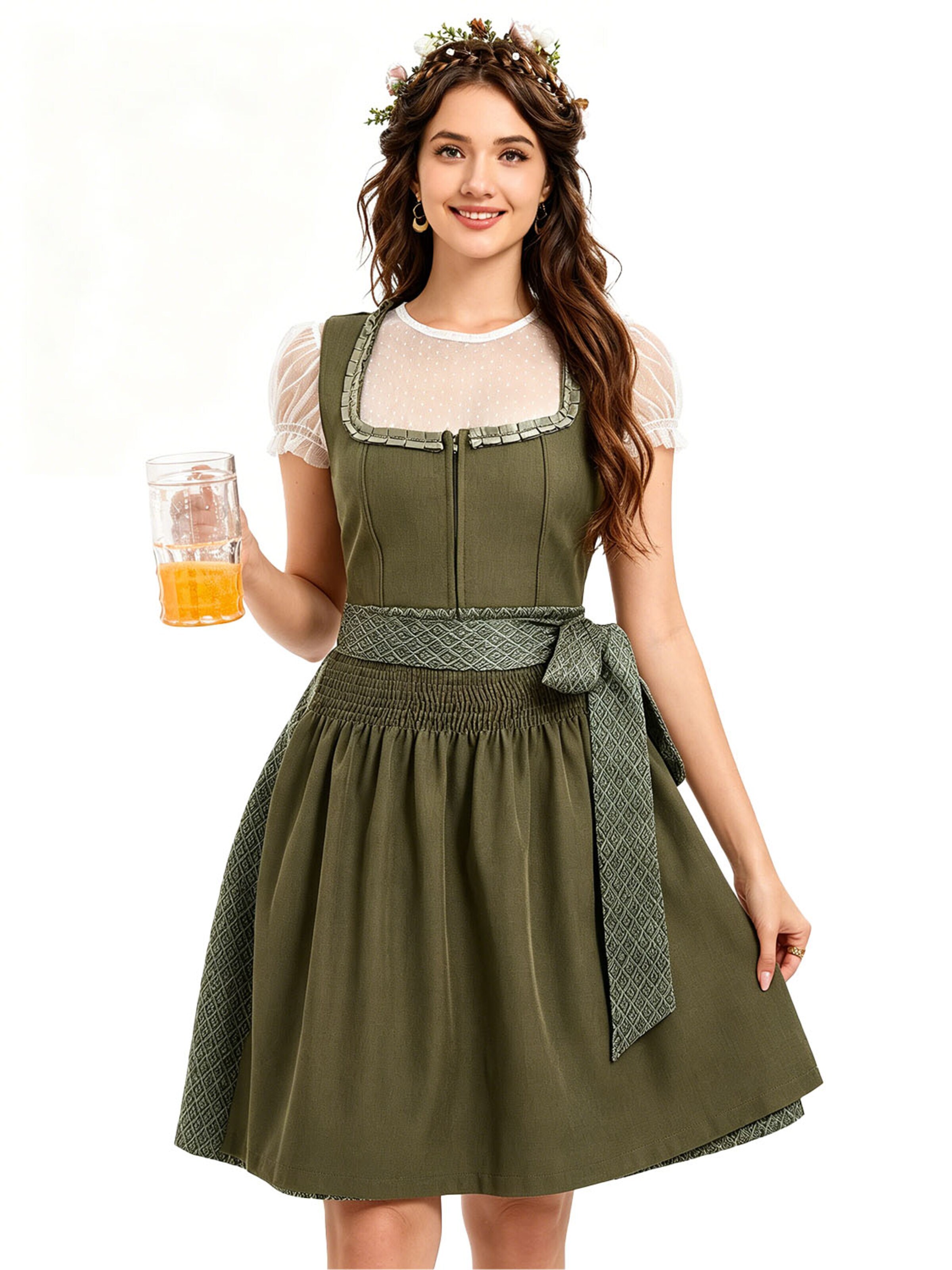 KoJooin Dirndl 'Damen Polka‑Dot Bluse, quadratischer Ausschnitt – 3‑teiliges Dirndl‑Set für Oktoberfest' in Green