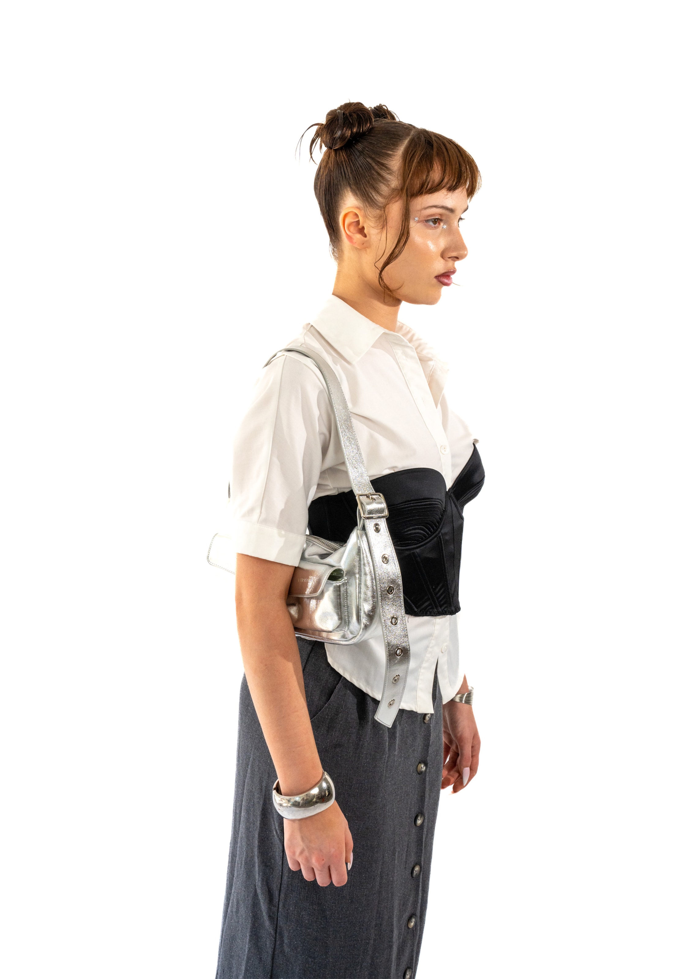 Borsa a spalla 'Electra' di Expatrié in argento: frontale