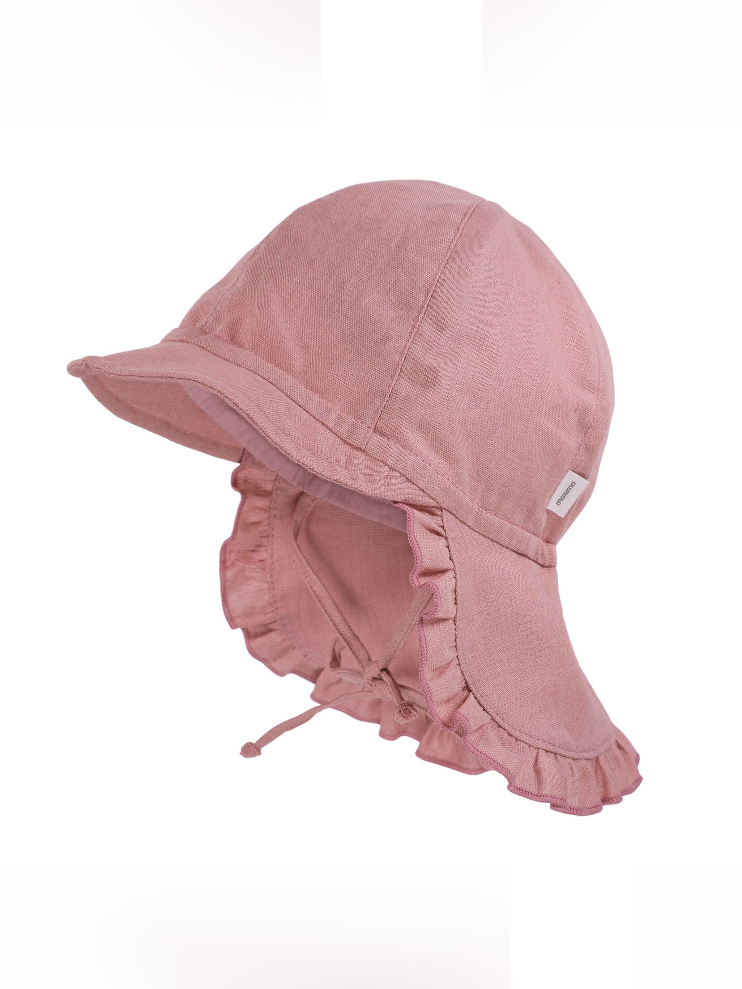 MAXIMO Beanie 'GOTS BABY GIRL-Schildmütze Leinenoptik, Rüsche, kurzer Nackenschutz, Band' in Pink: front