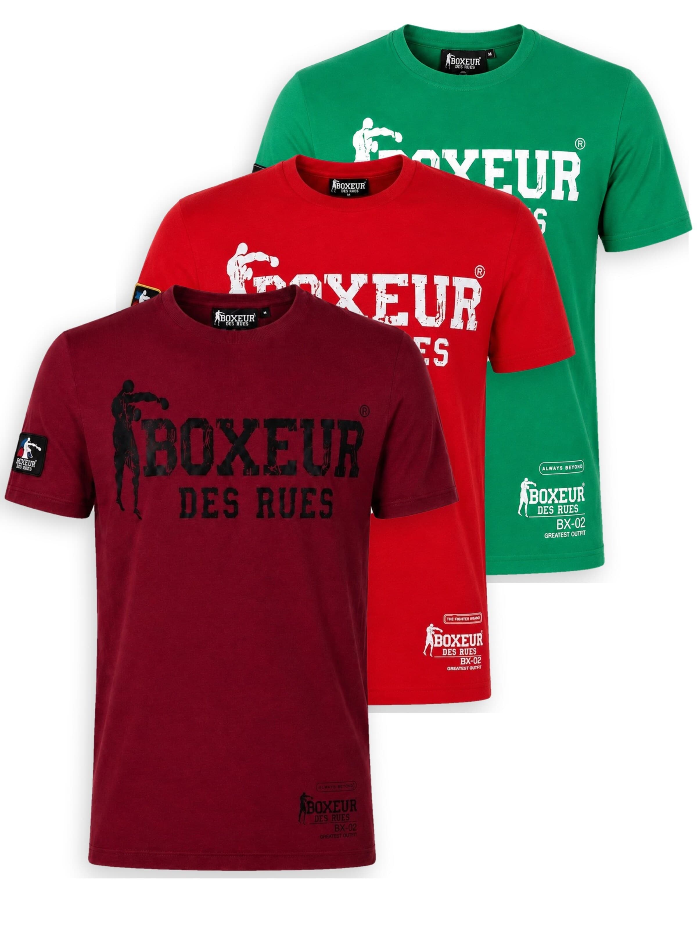 Boxeur des Rues Shirt 'Herren T-Shirt 3er-Pack Boxeur des Rues Slim Fit: Bordeaux, Schwarzes Logo + Rot, Weißes Logo + Grasgrün, Weißes Logo'‌‌‌‌‌‌‌‌ in XS/Regular in mischfarben, Produktansicht