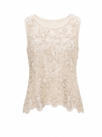 yoligex Top 'Cream Floral Pearl Beaded Rhinestone Mesh Sleeveless Top, Round Neck Scalloped Lace Hem Sheer Vest' in White: front