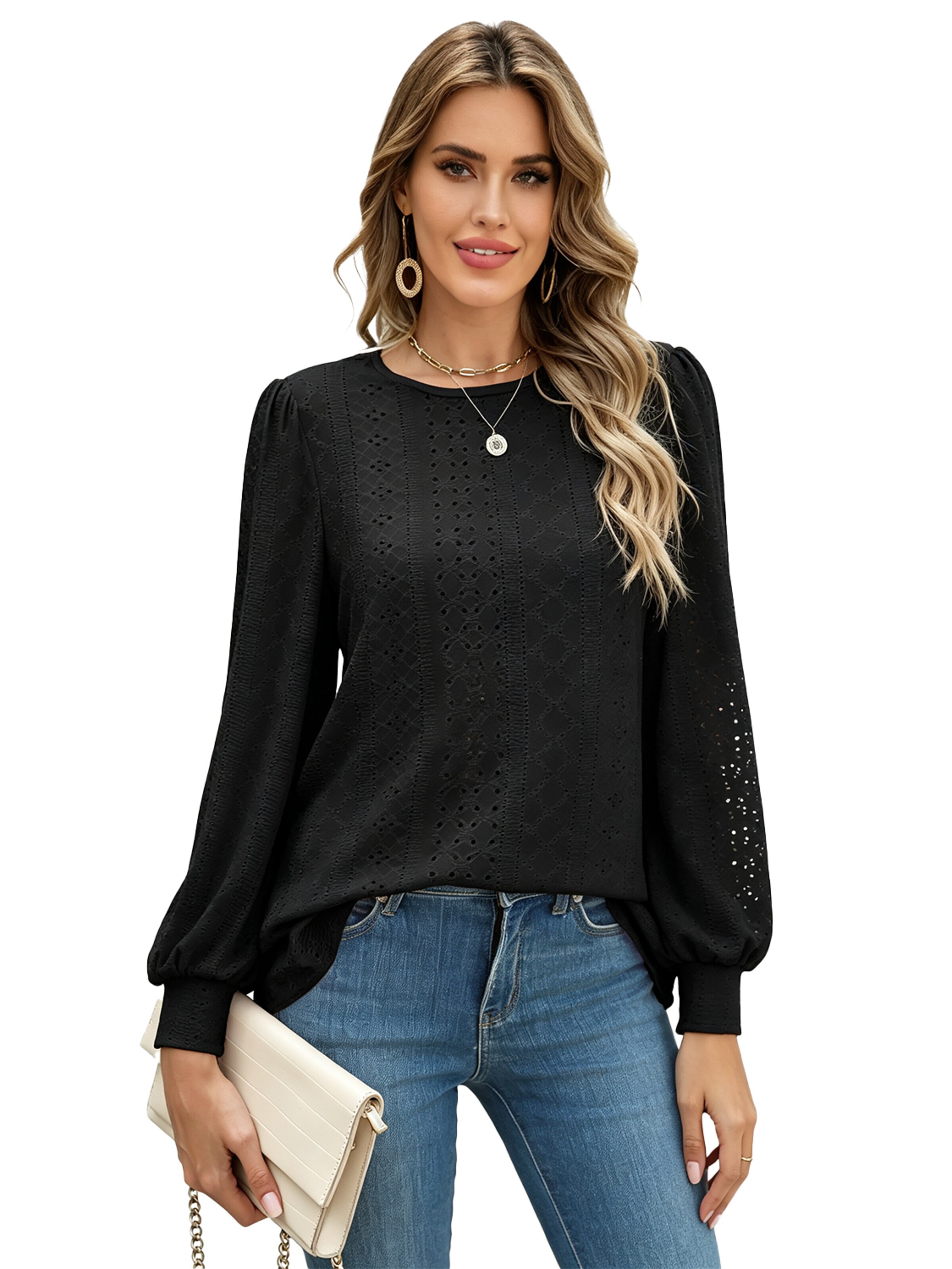 KoJooin Shirt 'Damen Locker Geschnittenes Rundhals T-Shirt mit Puffärmeln – Lässiges Langarmshirt für Alltag' in Black