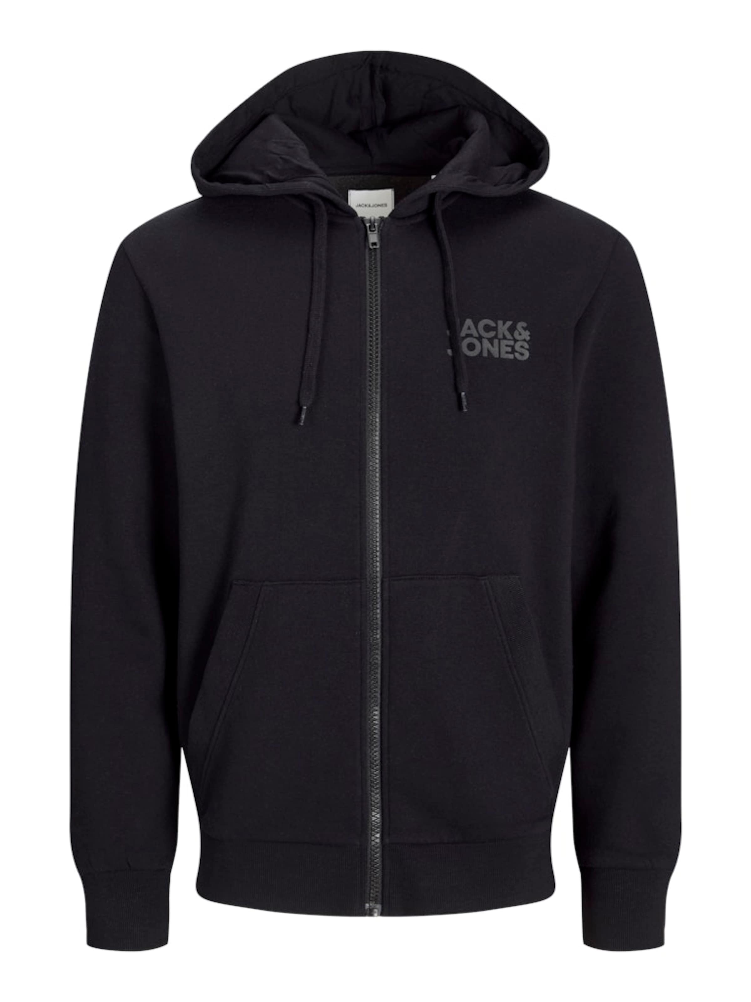 JACK & JONES Zip-Up Hoodie in Black: front