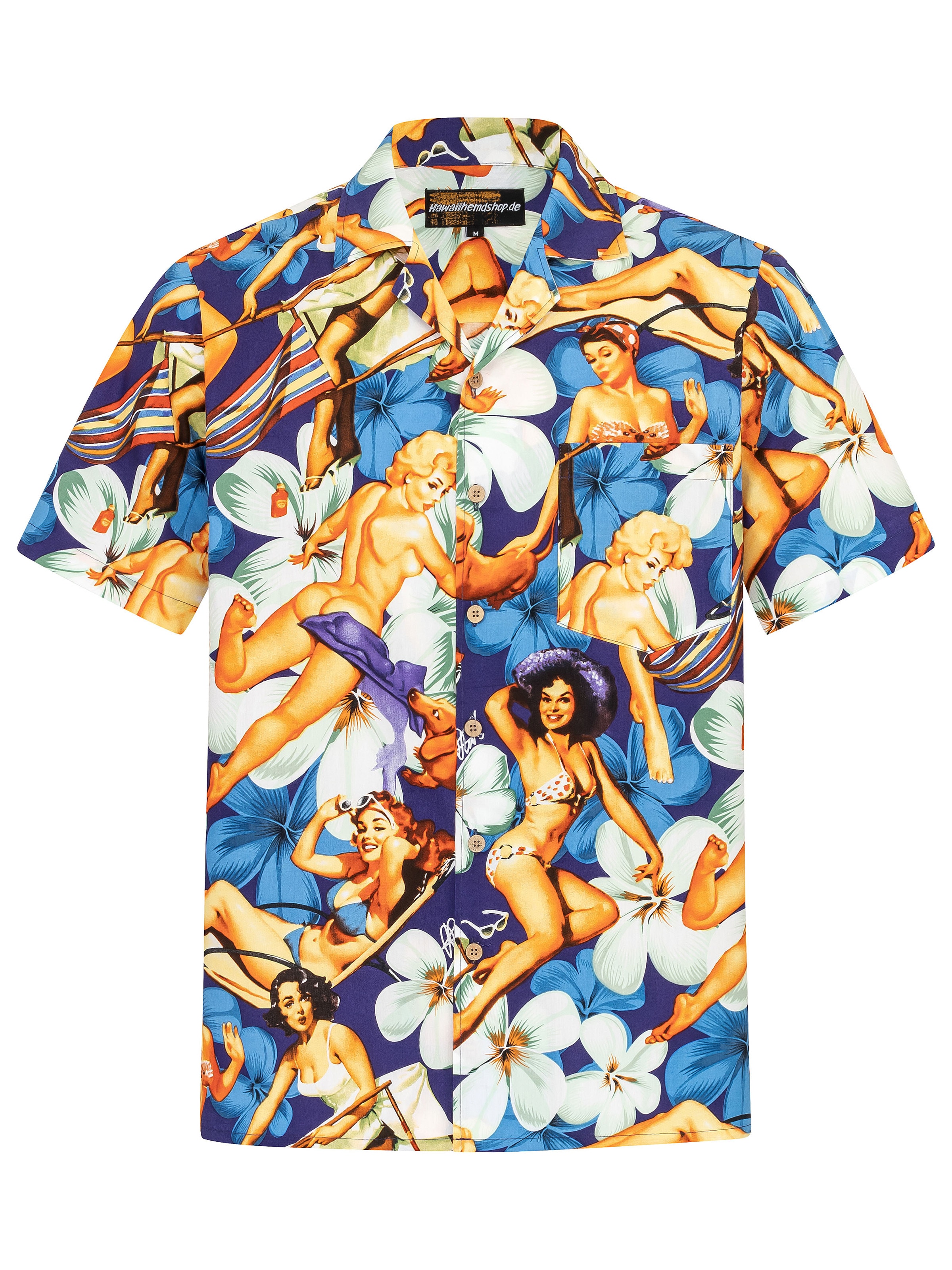 Regular fit Camicia 'Hawaiihemd Flower Girls (blue) 2.0' di Hawaiihemdshop.de in blu: frontale