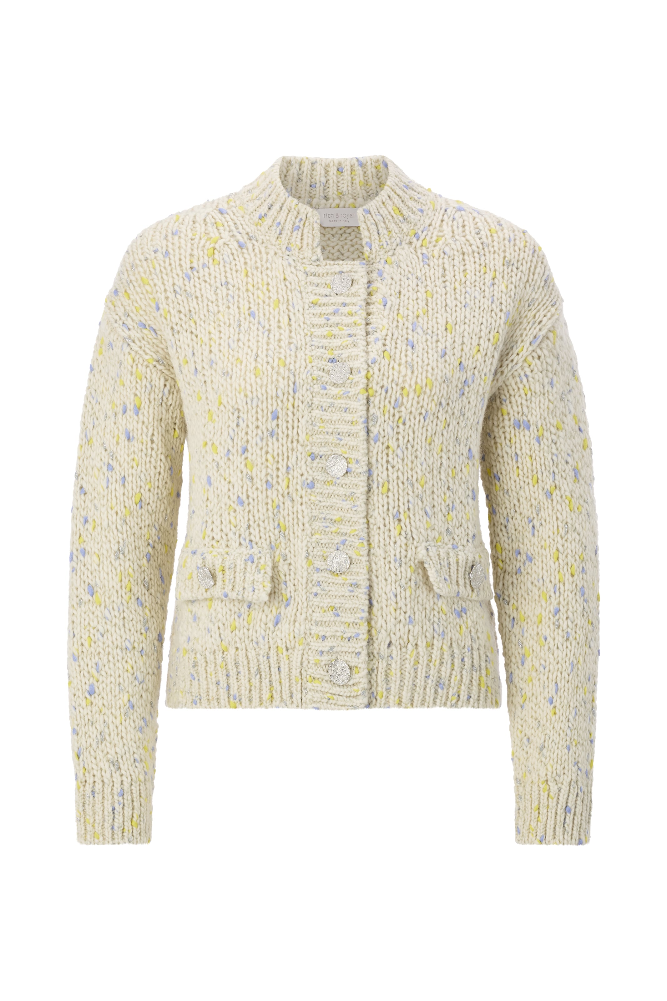 Rich & Royal Cardigan en crème / bleu ciel / jaune / argent, Vue avec produit