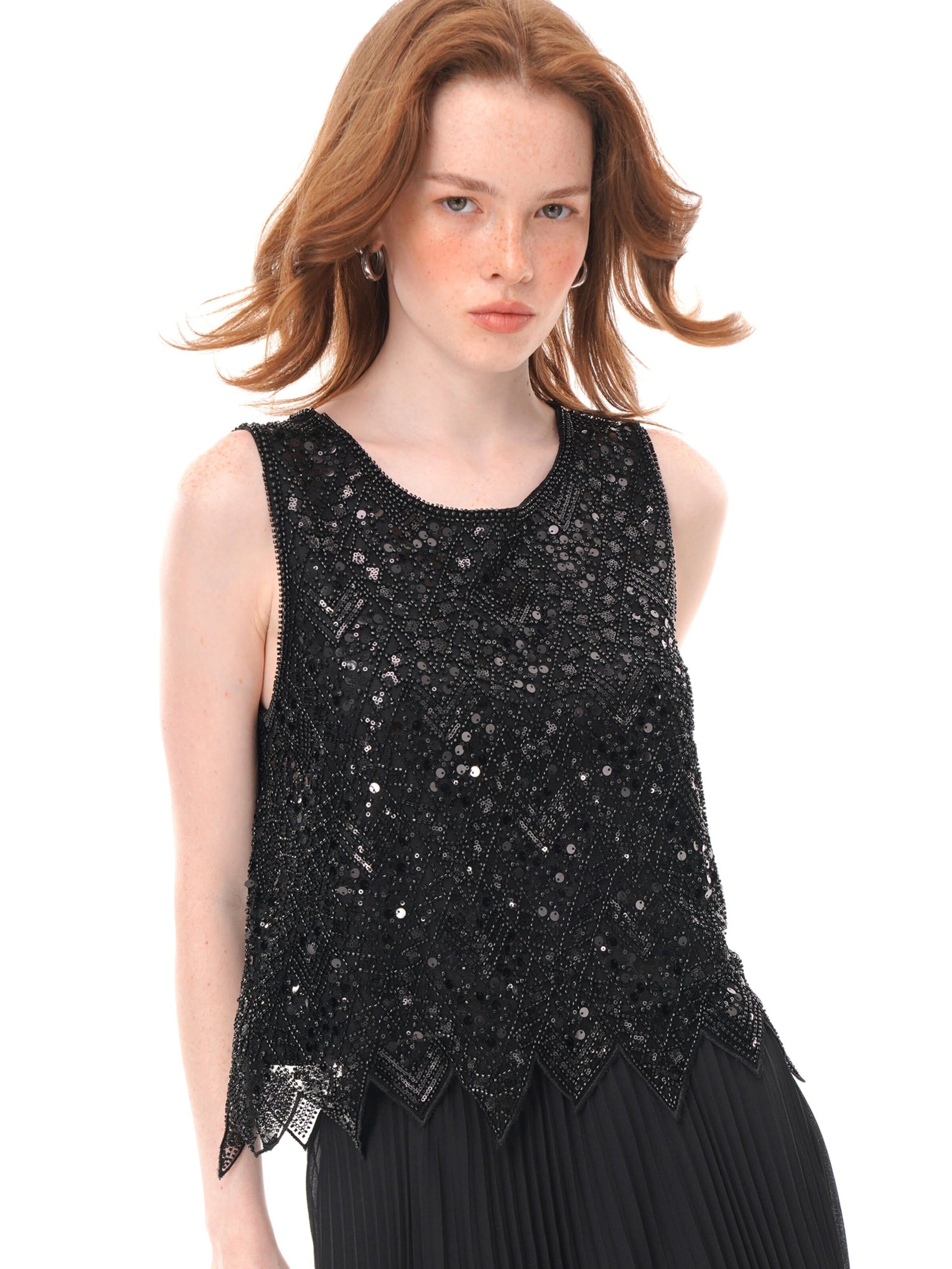Haut 'Beaded Sequined Mesh Sleeveless Top, Irregular Pointed‑Hem Sheer Crew Neck Vest' yoligex en noir : devant