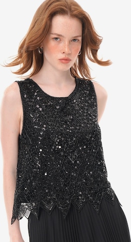 Haut 'Beaded Sequined Mesh Sleeveless Top, Irregular Pointed‑Hem Sheer Crew Neck Vest' yoligex en noir : devant