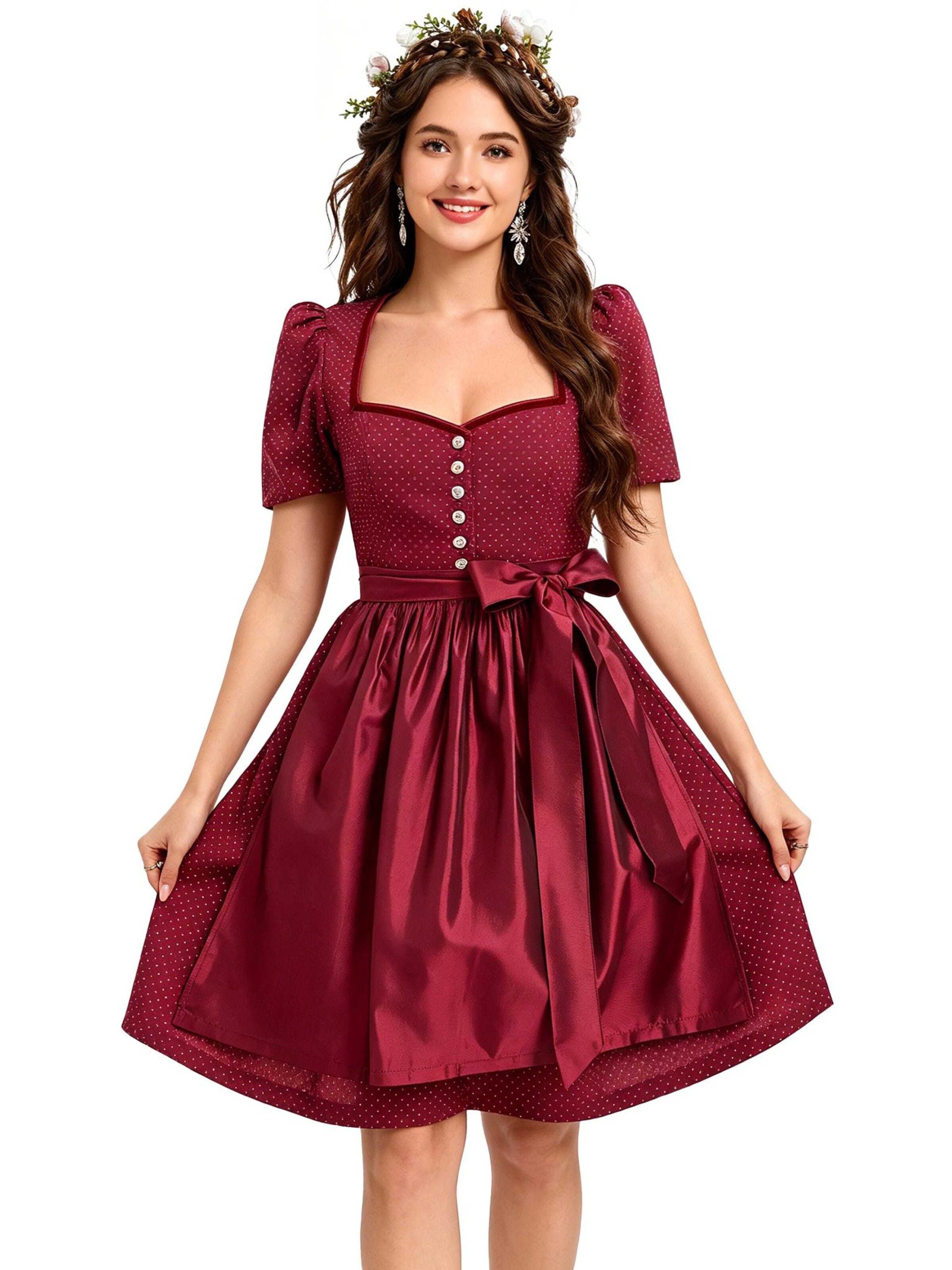 KoJooin Dirndl 'Damen 2-Teiliges Dirndl-Stil Set Mit Puffärmeln, Knopfleiste Und Schürze'‌‌‌‌‌ in Rot: Vorderseite