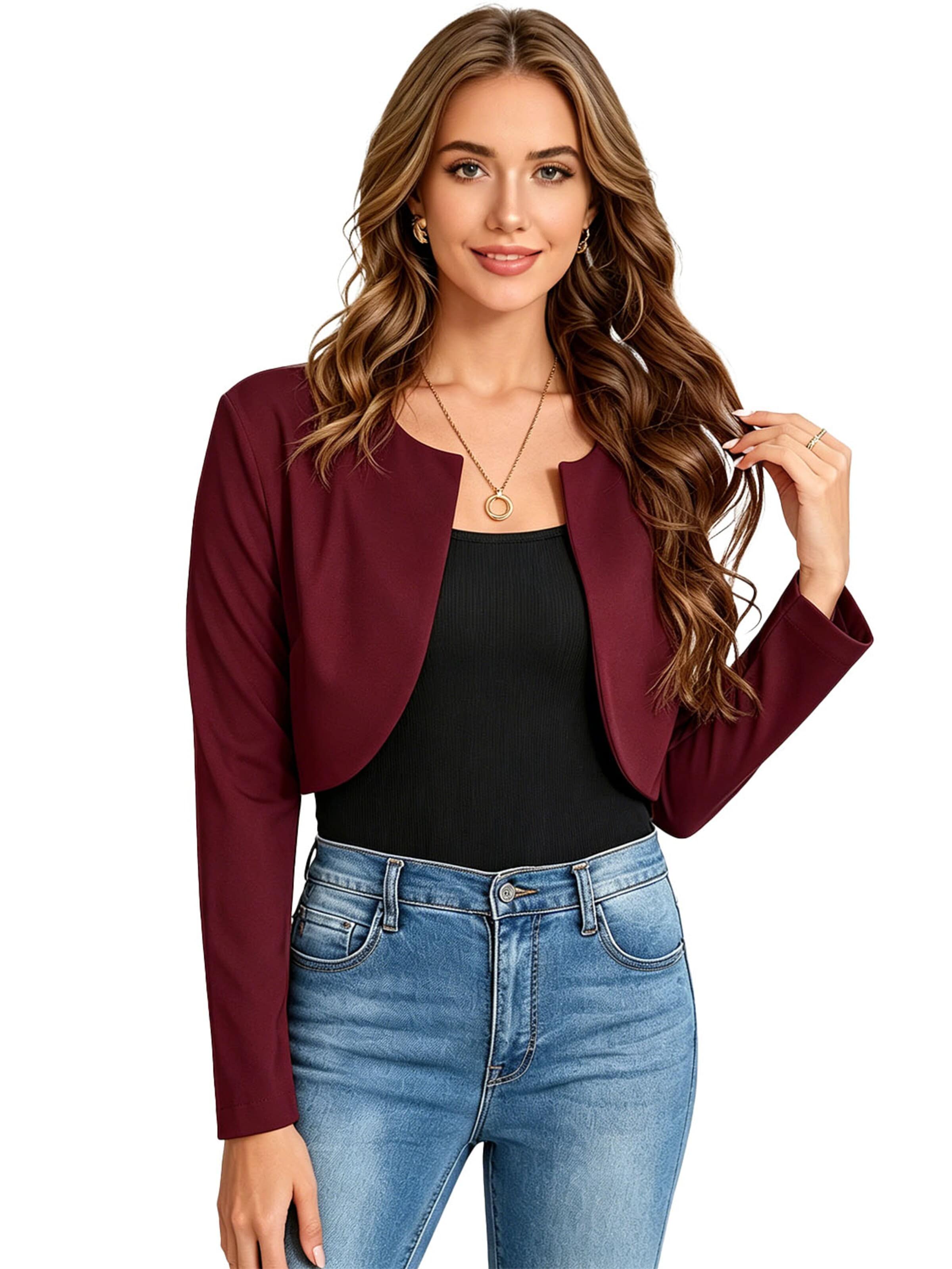 KoJooin Blazer 'Kurzer, leichter Damen-Cardigan mit Rundhalsausschnitt und langen Ärmeln – eleganter Überwurf'‌‌‌‌ in Rot: Vorderseite
