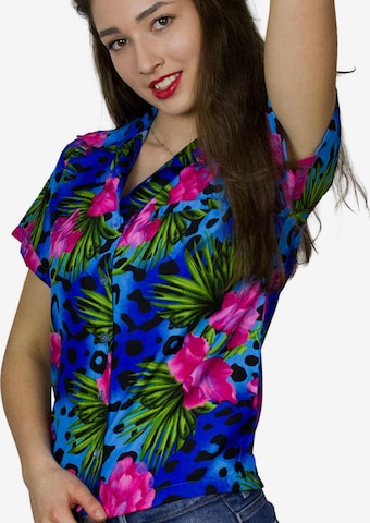 King Kameha Blouse 'Leopard Flowers' in Blue: front