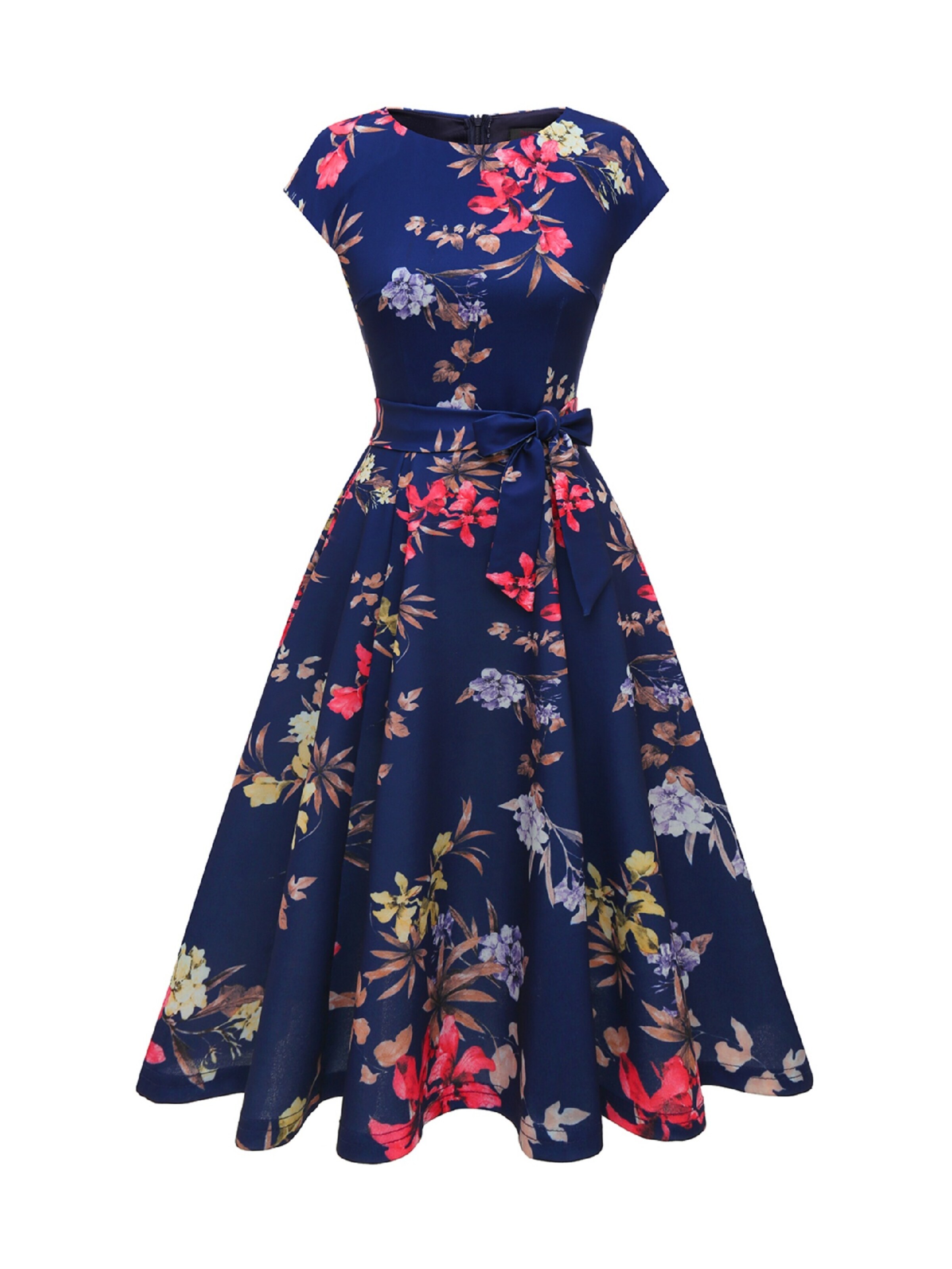 Zapaka Cocktail Dress 'Retro Blumenmuster Midi-Kleid 50er Jahre Elegantes Festkleid mit Bindegürtel' in Blue: front