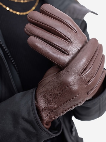Hand Gewand by Weikert Full finger gloves 'JESS - Ziegeleder Kaschmir Fütterung' in Brown