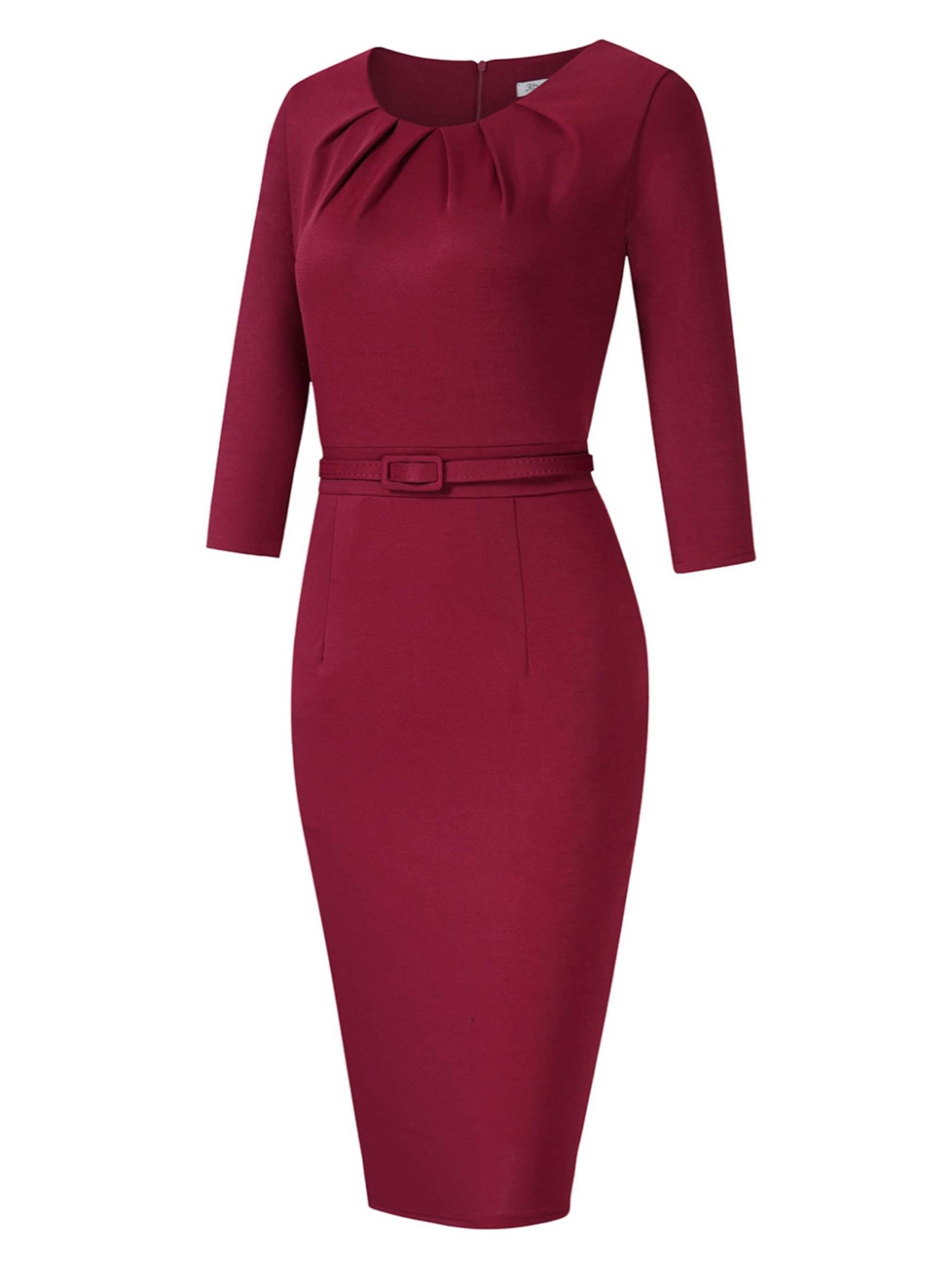 KoJooin Kleid 'Damen Kleider Elegante Bleistiftkleider 3/4 Ärmeln Kurze Faltenkleider'‌‌‌‌ in 44 in weinrot, Produktansicht