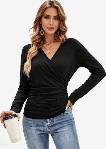 KoJooin Top 'Damen Langarmshirt mit tiefem V-Ausschnitt und Raffung – Figurbetontes Wickeloberteil für Büro' w kolorze czarny: przód