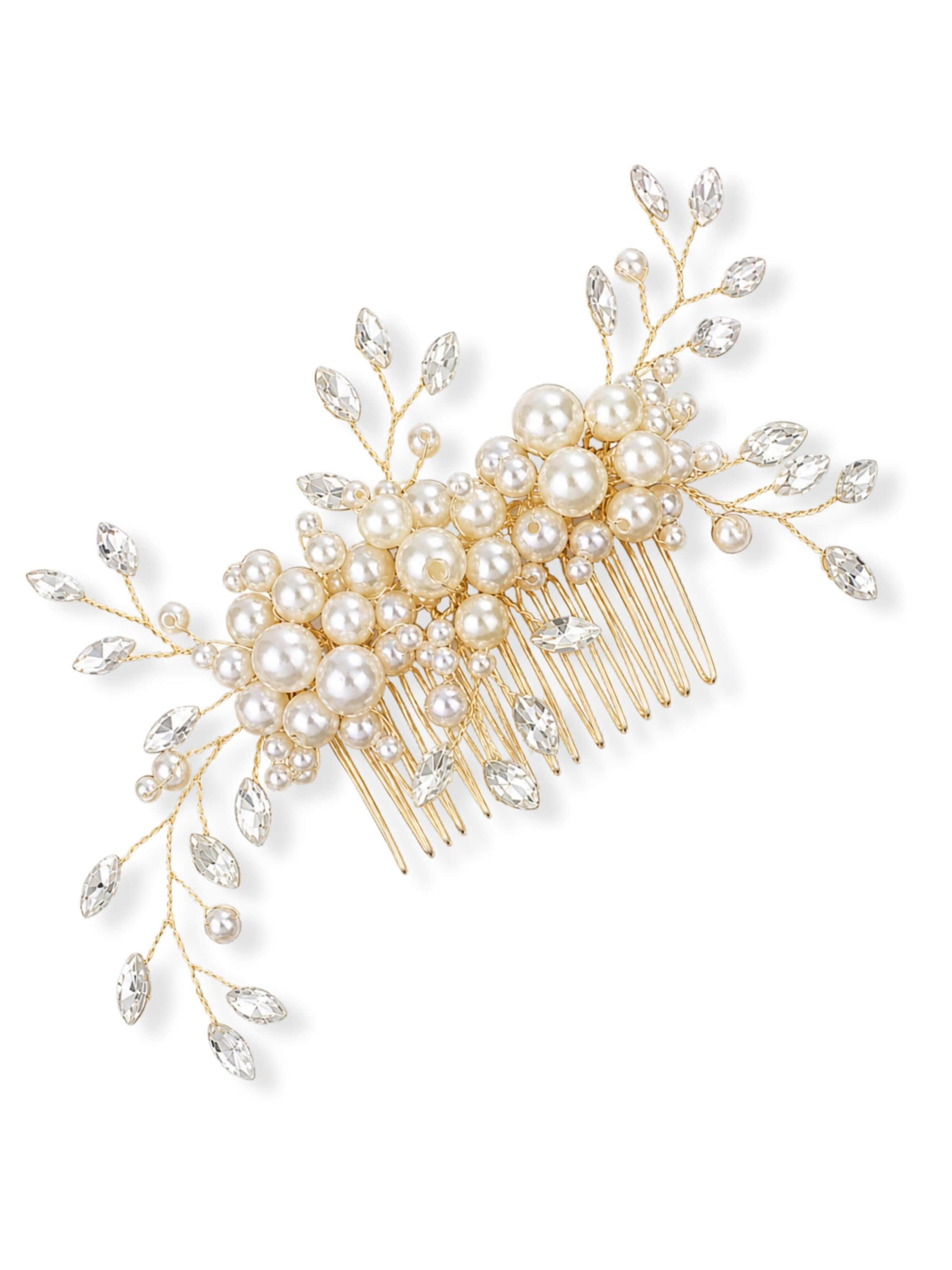 ANNIS WIESBADEN EST. 2021 Hair Jewelry 'Handgefertigter Braut Haarkamm, Haarnadel „Elena“ – Perlen & Kristalle florale Optik' in Gold: front