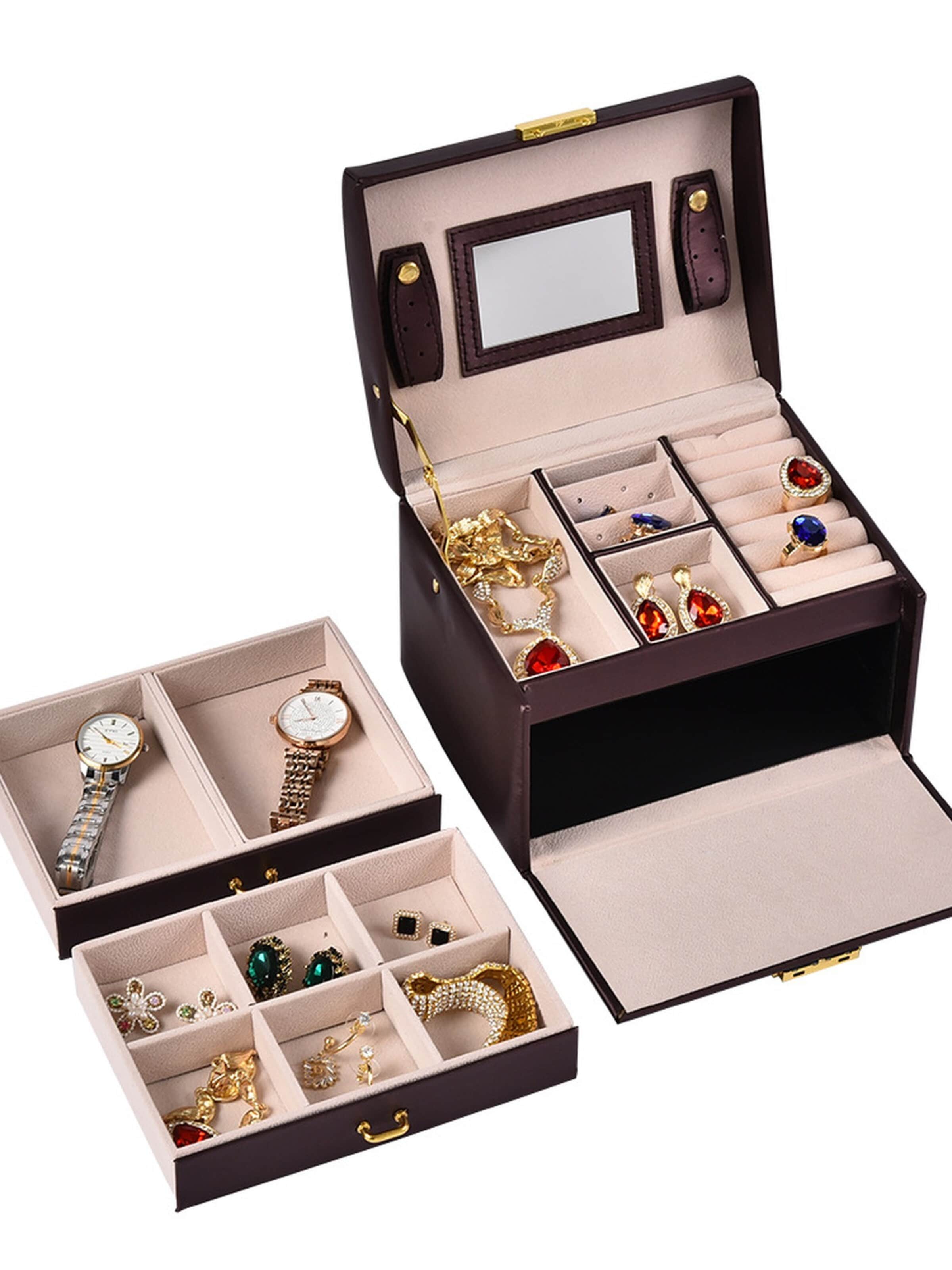 UNIQ Beauty Sieraden-bewaring 'Jewellery Box – 3-Layer Organizer with Mirror, Drawers & Lock (Brown)' in Bruin
