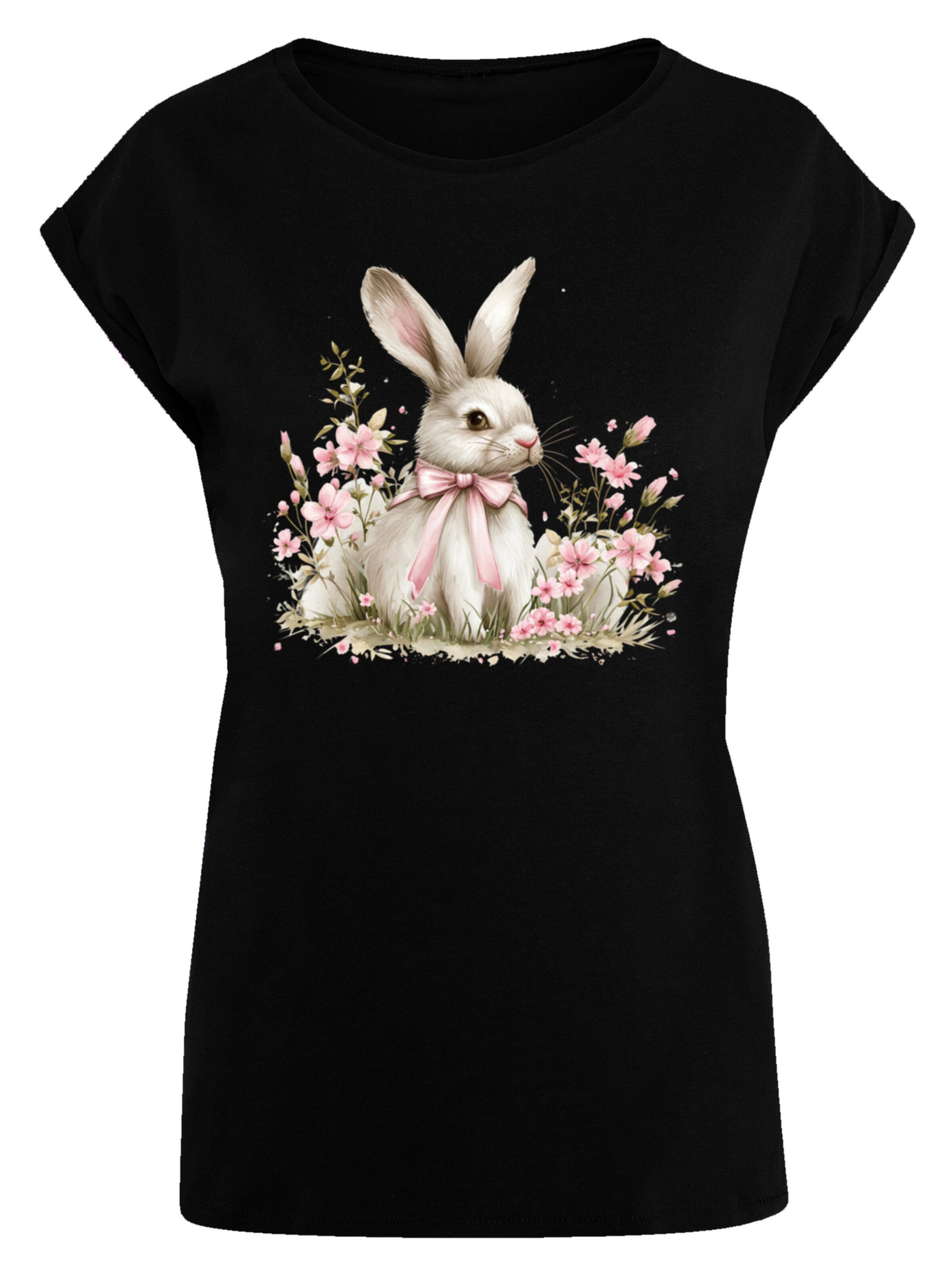 F4NT4STIC Shirt 'Niedlicher Osterhase mit Blumen' in Zwart: voorkant
