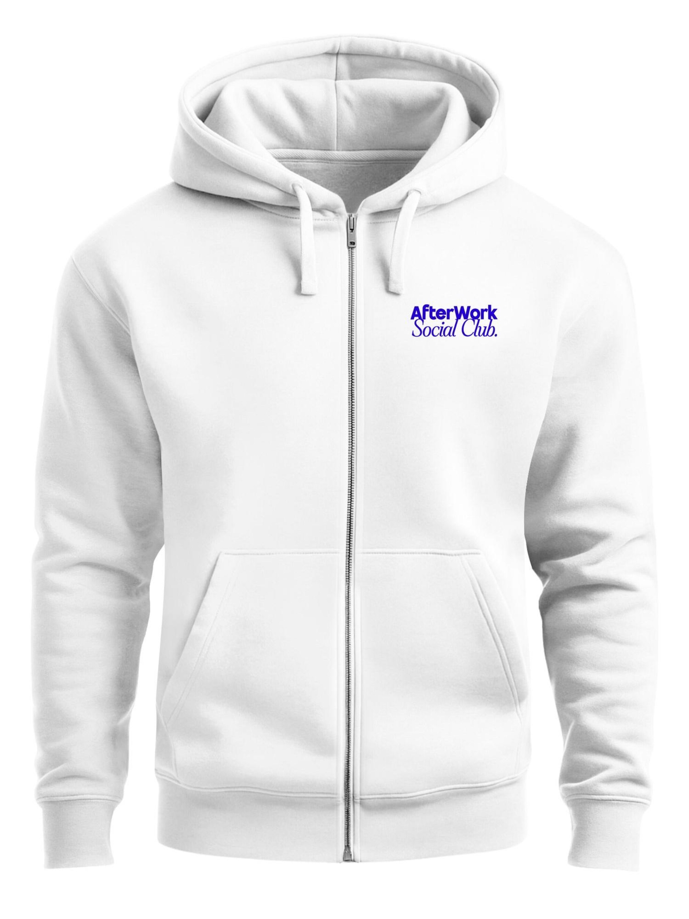 Neverless Zip-Up Hoodie 'After Work Social Club' in White: front