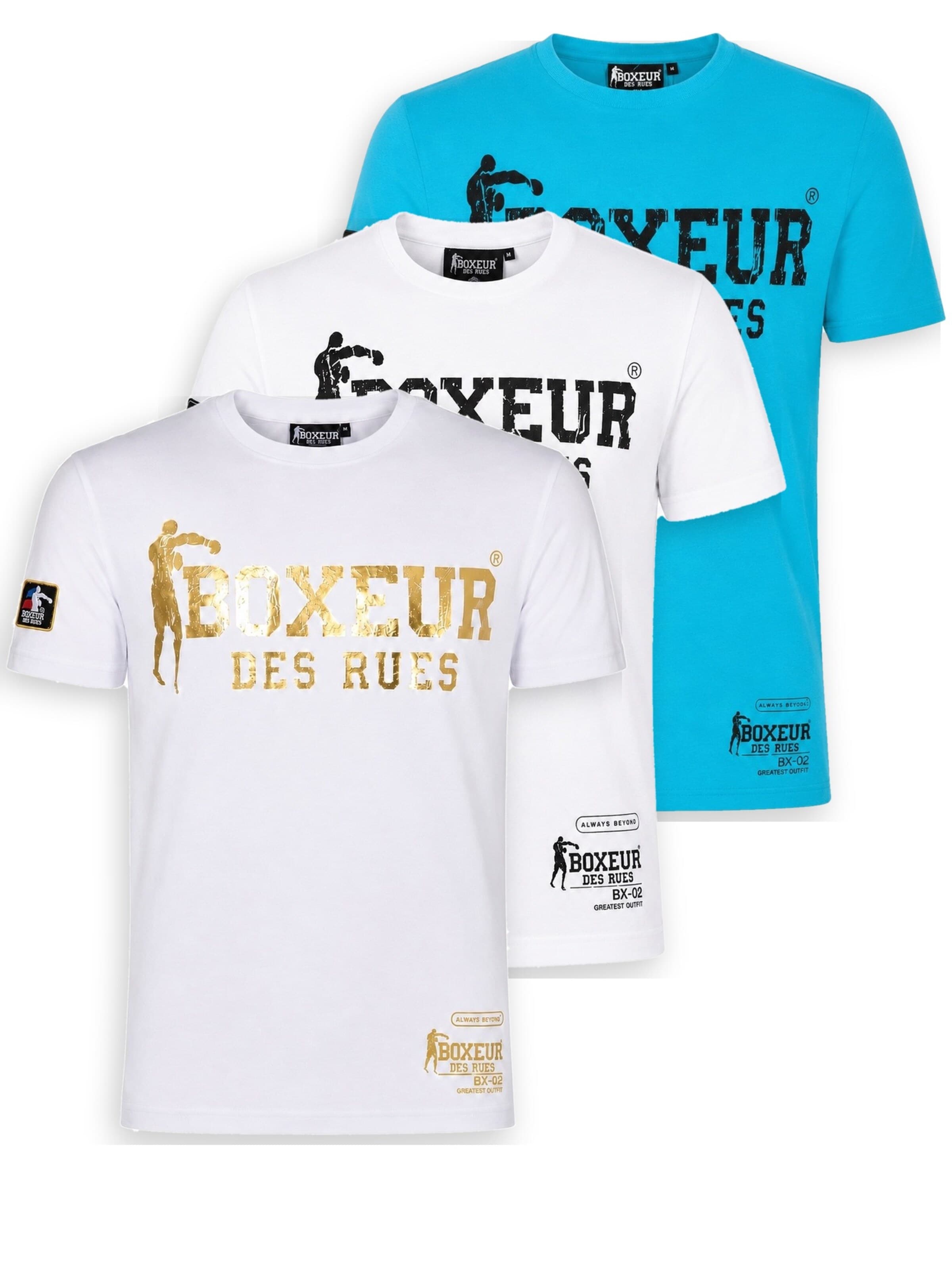 T-Shirt 'Herren T-Shirt 3er-Pack Boxeur des Rues Slim Fit: Weiß, Goldenes Logo + Weiß, Schwarzes Logo + Türkis, Schwarzes Logo' Boxeur des Rues en multicouleur : devant