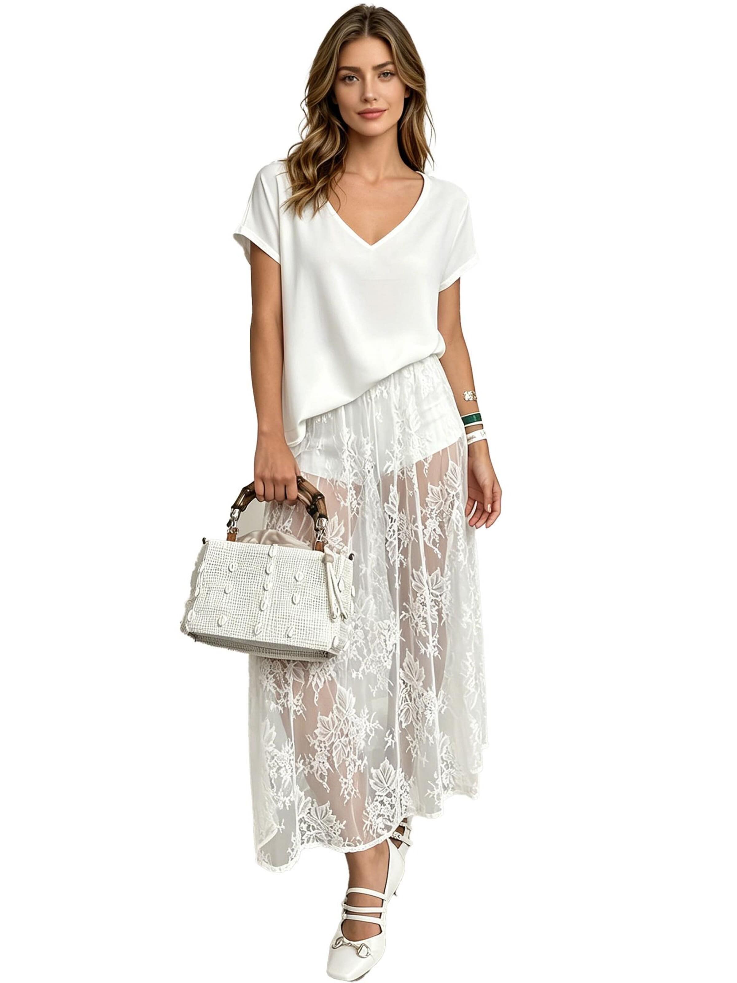 KoJooin Skirt 'Transparenter Maxirock aus Spitze für Damen,hochtailliert,aus durchsichtigem Mesh,A-Linie,fließend' in White: front