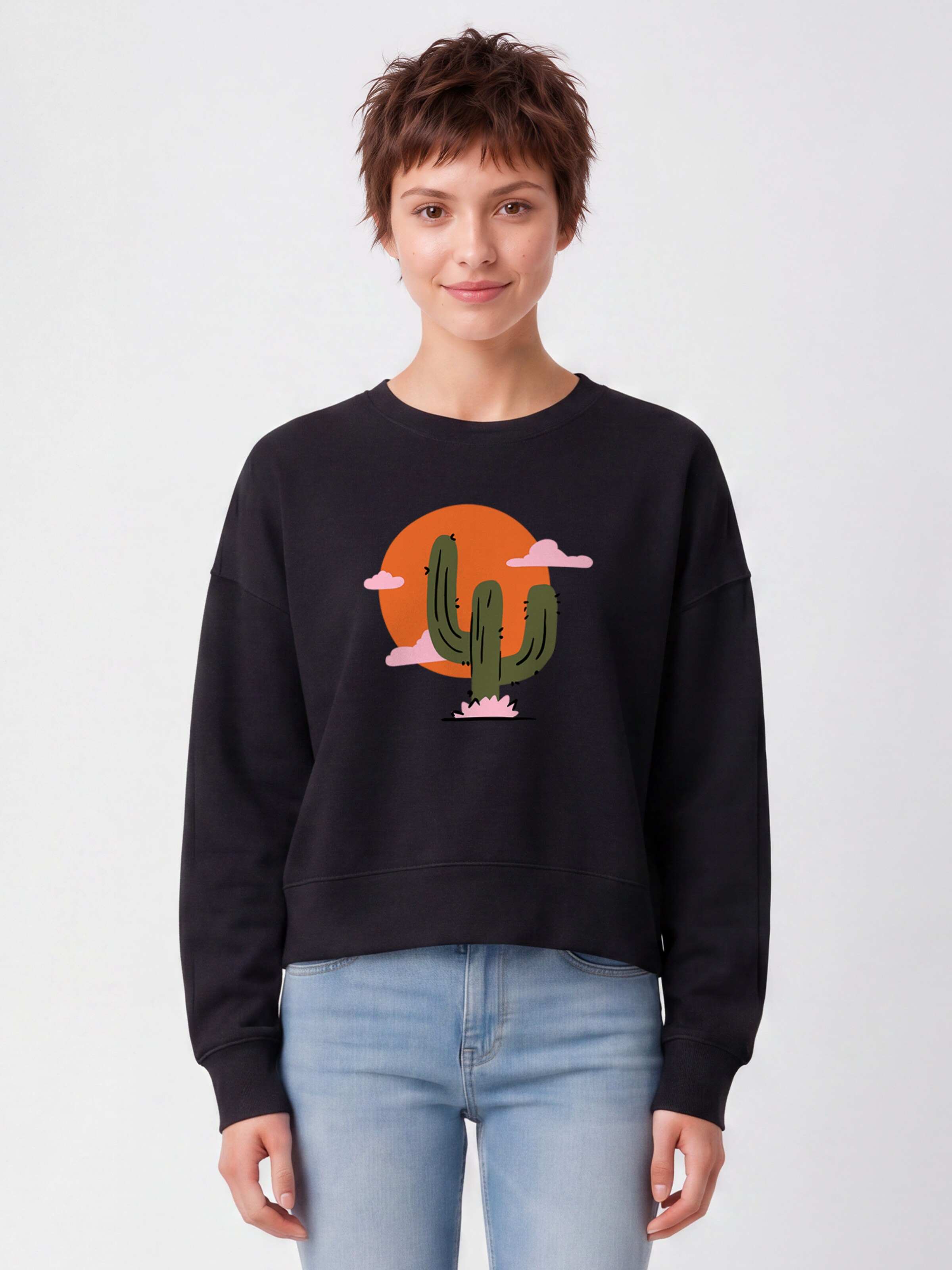 Watapparel Sweatshirt ' Kaktus im Sonnenuntergang ' in Black: front