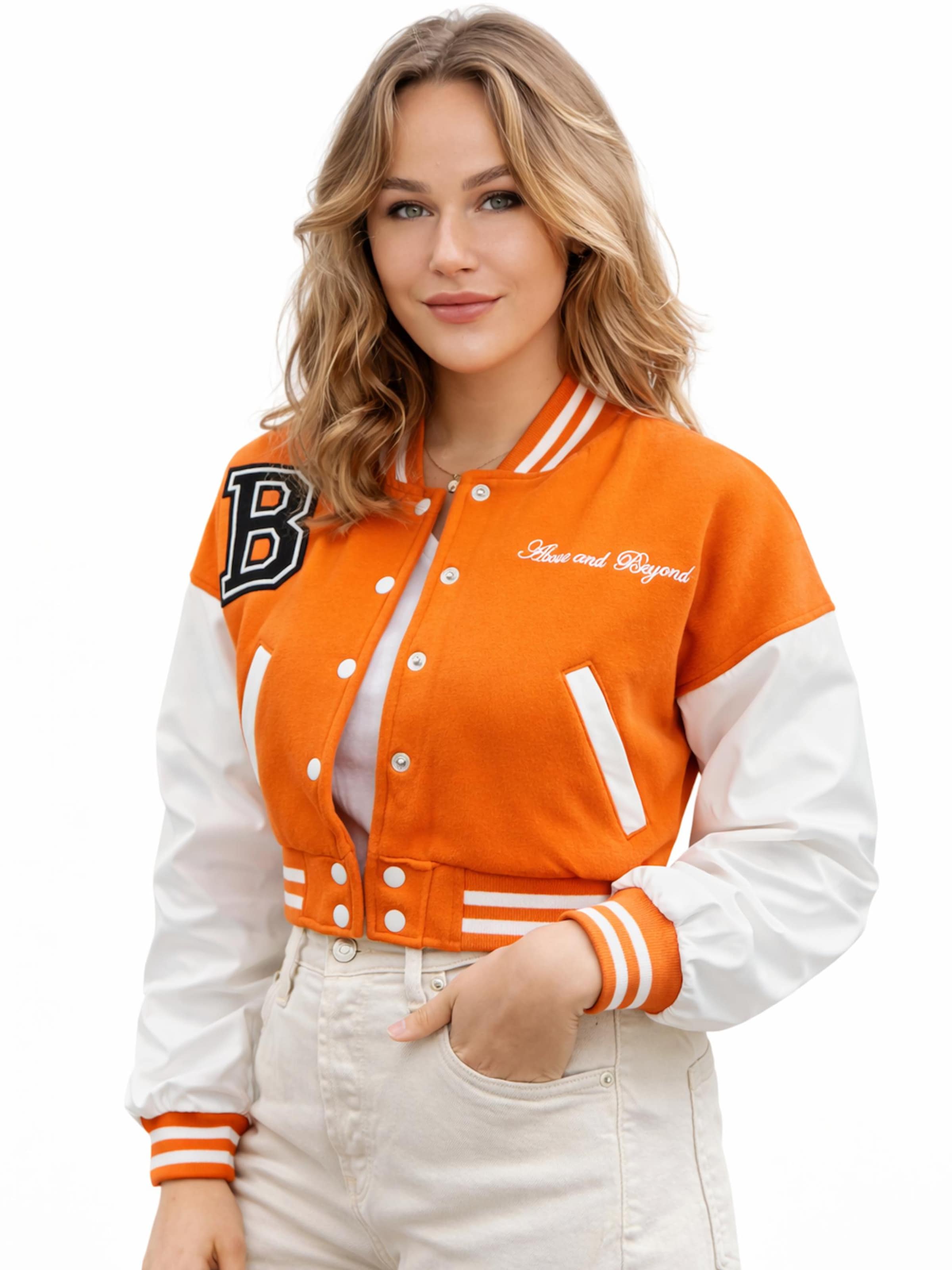 Worldclassca Between-Season Jacket 'Crop College Bomber Jacket' in Orange: front
